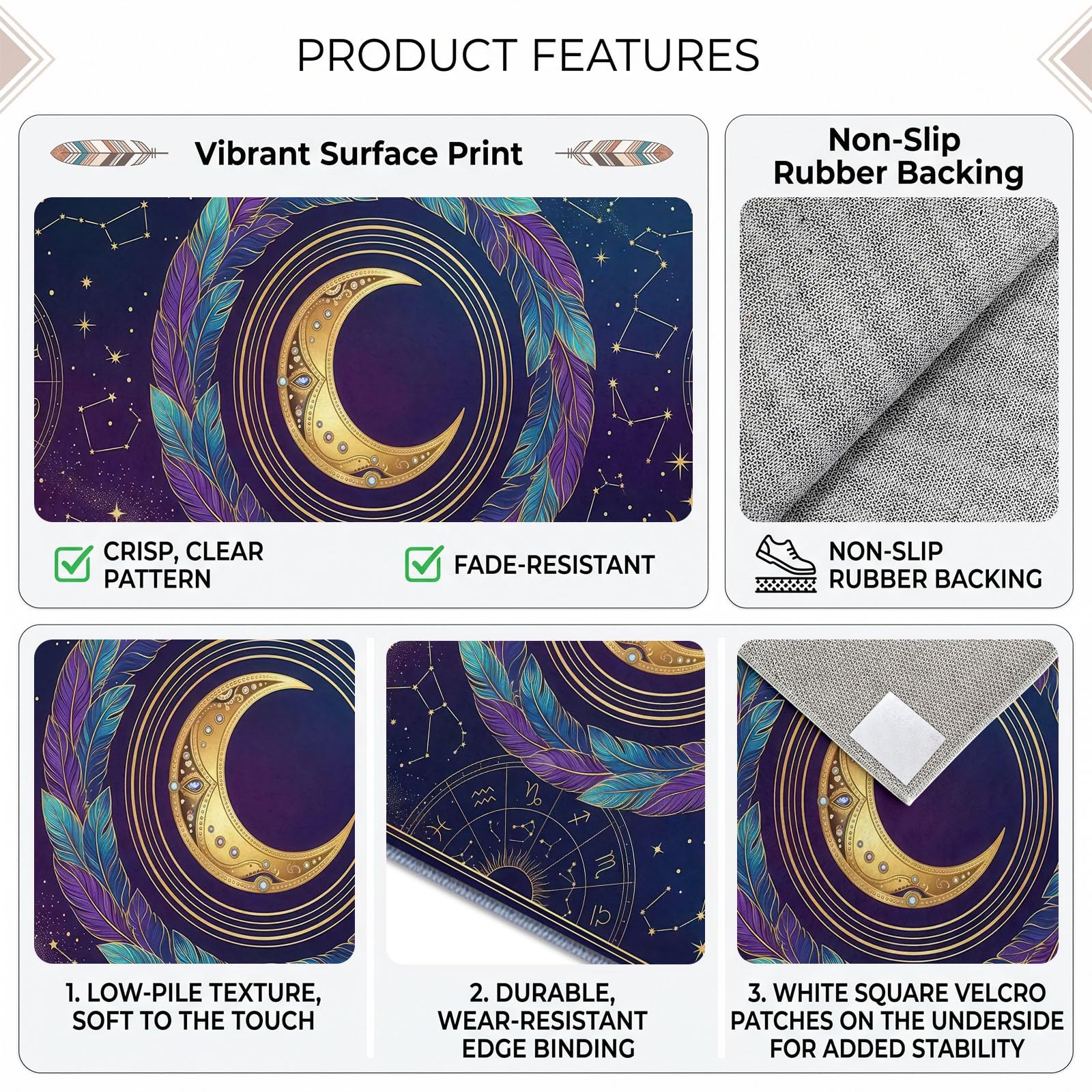 Générique Bohème Mystère Astrologie Tapis de Salon Lavable en Machine 200 x 300 cm Tapis antidérapant, Moquette Soleil Or Lune Plume Violette pour Le Salon, l'entrée, la Chambre et la Cuisine
