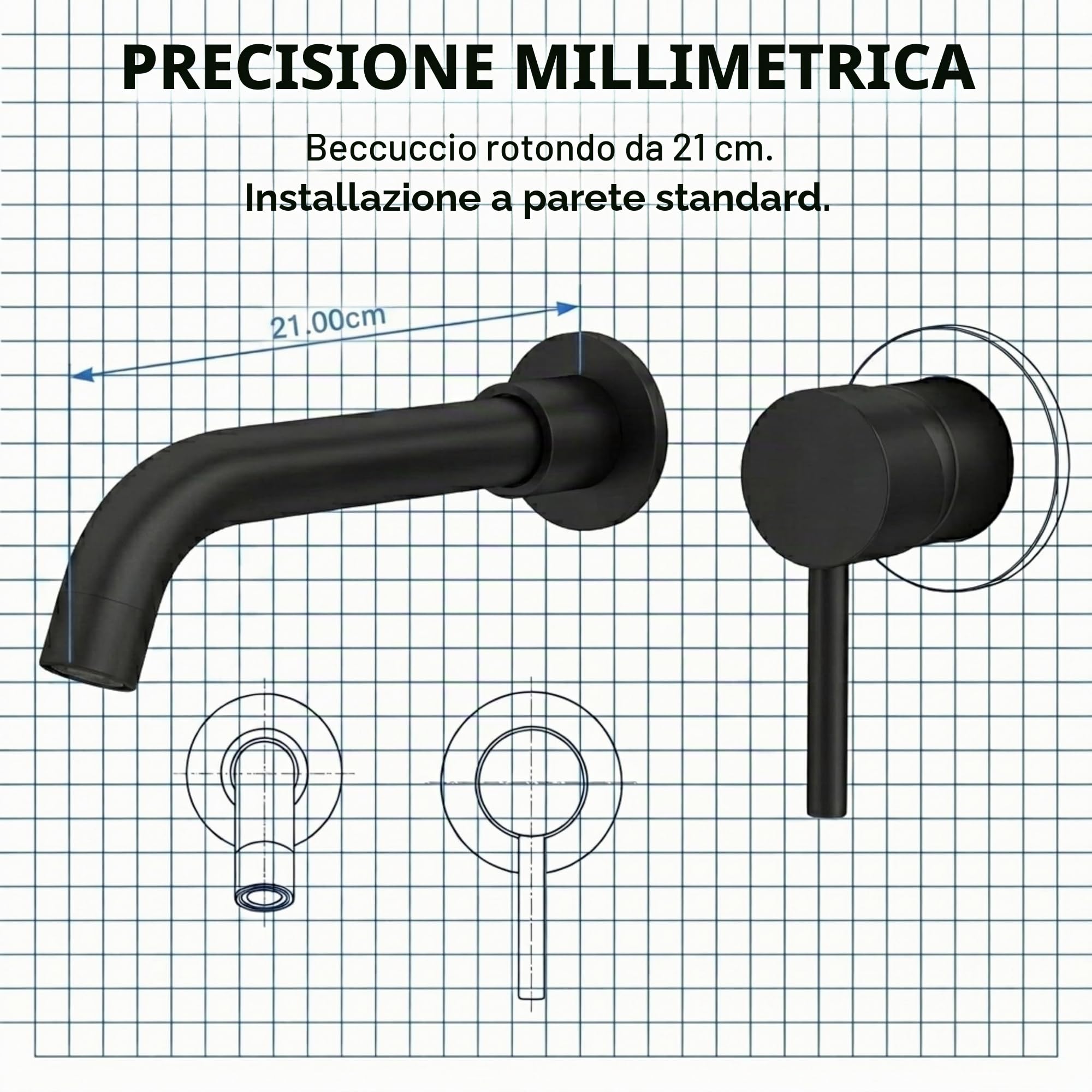 VALAZ Rubinetto Bagno Lavabo a Muro Nero Opaco | Miscelatore Lavabo Bagno Acqua Fredda e Calda, Risparmio Acqua | Installazione Facile | Ottone, Inossidabile, Elegante, Becco 21cm, Serie Guadiana