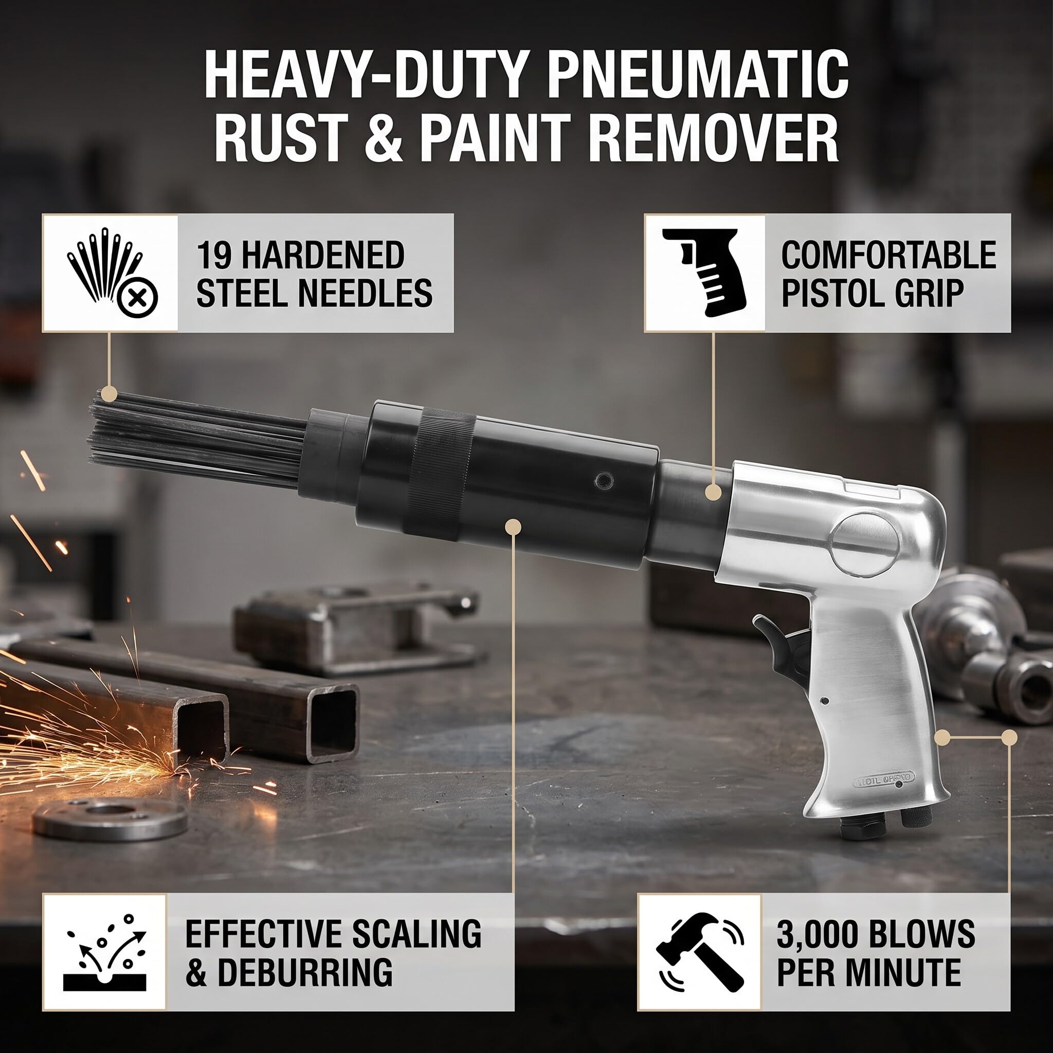 Ejoyous Pneumatyczny pistolet do usuwania rdzy, 3000 uderzeń na minutę, lekki, do usuwania rdzy