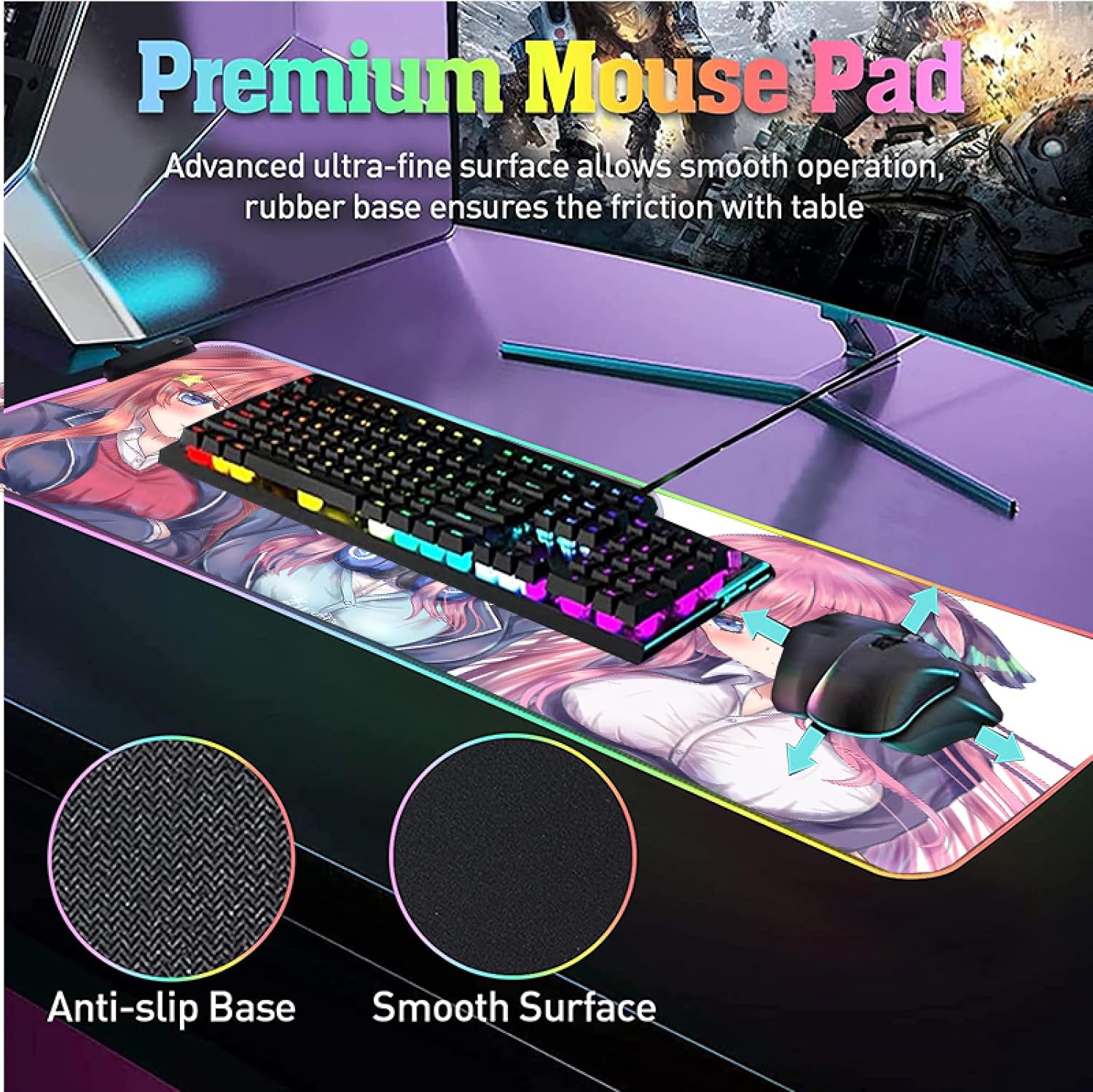 Mouse Pads Anime Quintessential Girls RGB Mouse Pad Gaming Accessories Mouse Pad Large Mouse Pad Gamer PC Non-Slip Cute Girl Desk Mat,RGB,L