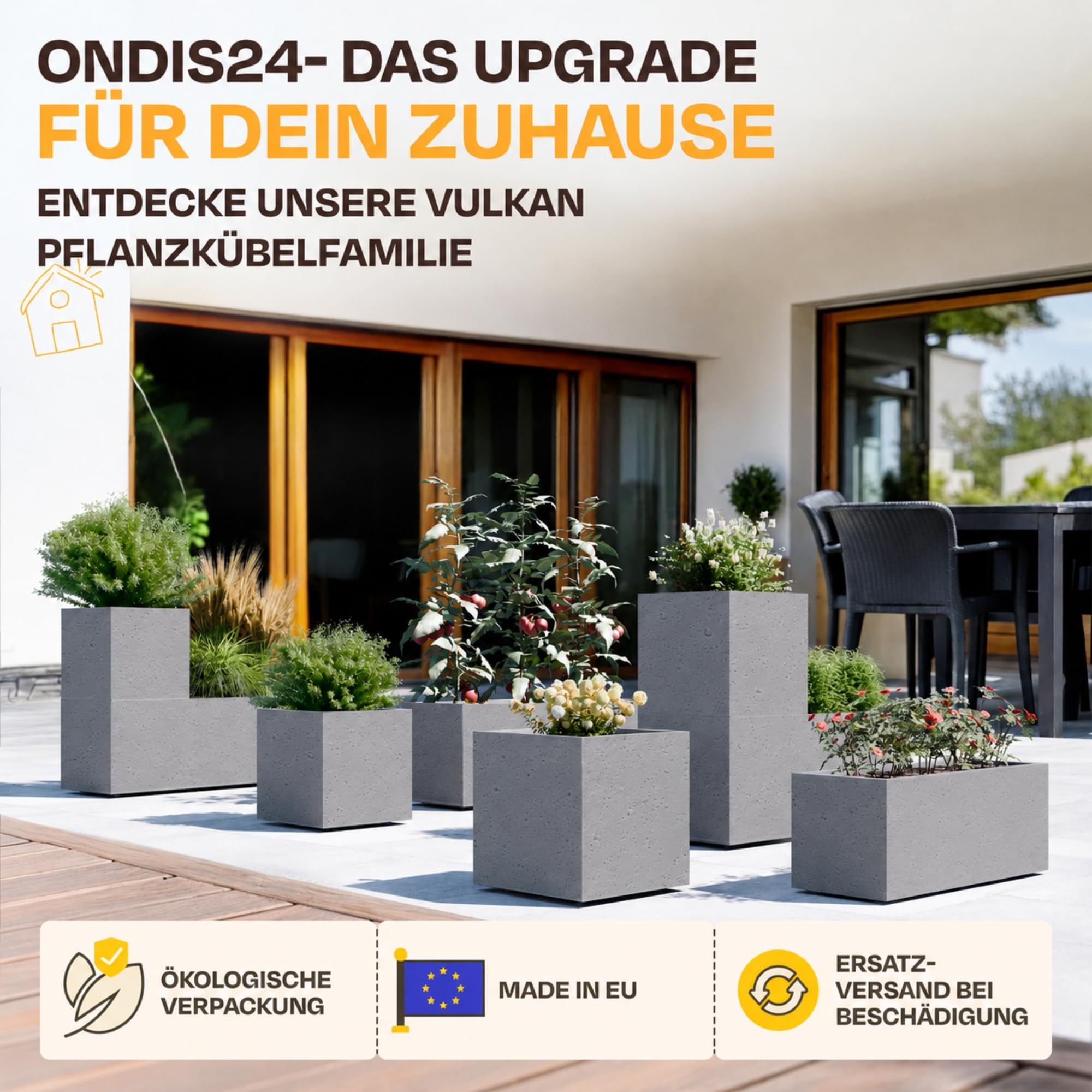 Ondis24 Pflanzkübel Blumenkübel Blumentopf Vulkan 40 mit Wasserspeicher Winterfest (Grau Basalt)