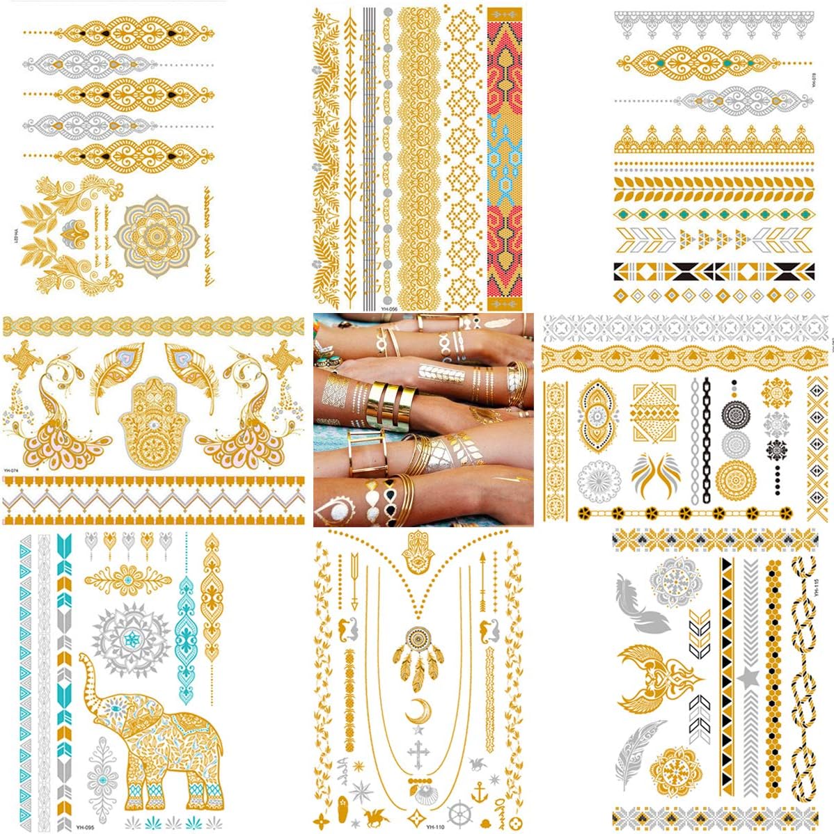Metallic Temporary Tattoos - Over 100 Gold Silver Henna Sexy Body Tattoos for Women Teens Girls Glitter Shimmer Mandala Mehndi Designs Jewelry Tattoo Stickers (8 sheets Turquoise & Gold)