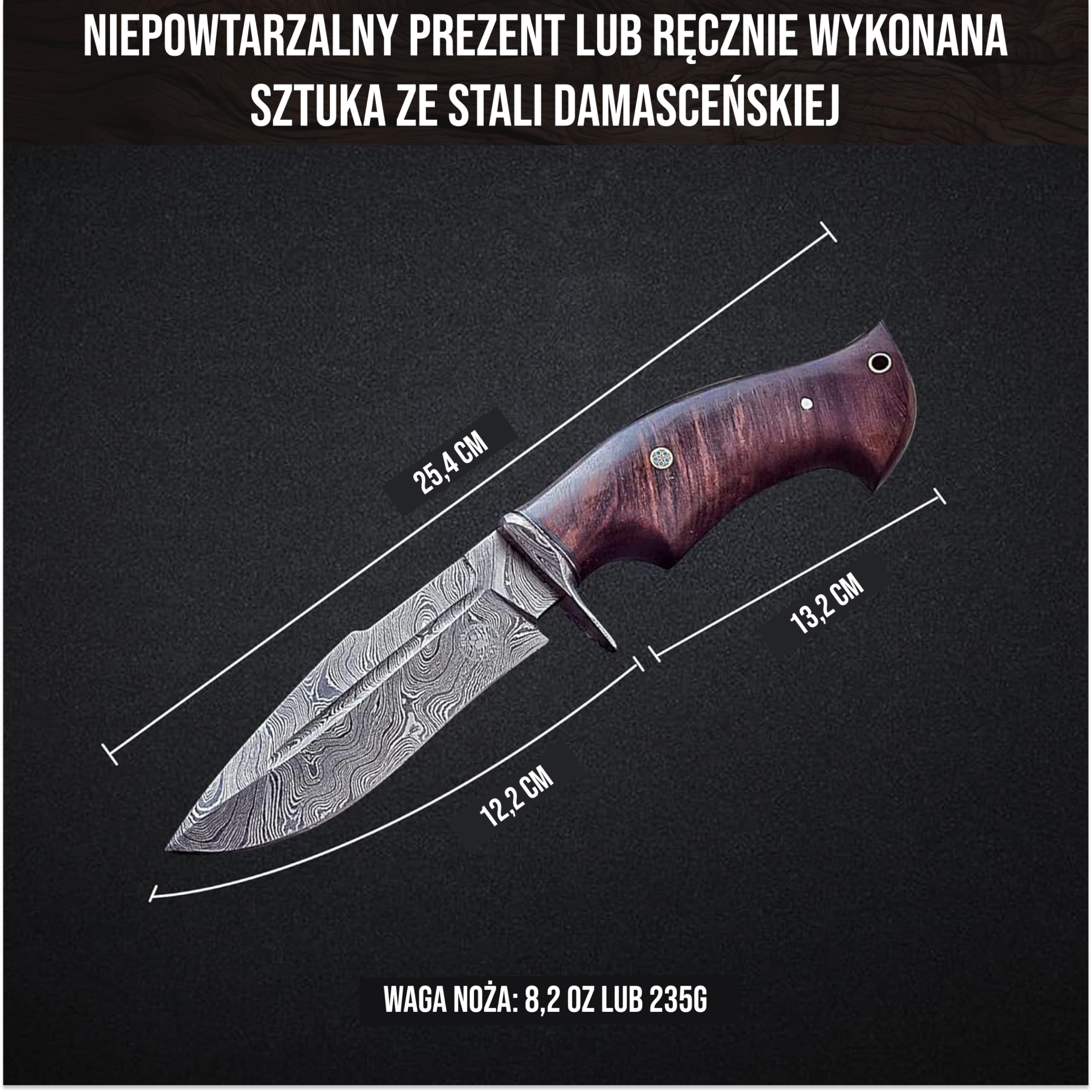 BIGCAT ROAR Ręcznie Wykonana Nożowa Ostrza Damasceńskiego - Nóż Stały do Polowania z Pokrowcem i Rączką z Drewna Orzechowego - 10″ Nóż do Skórowania EDC - Bestialski Łowca | Uchwyt z orzecha włoskiego i skórzana osłona. Bushcraft, kemping, survival, kolek