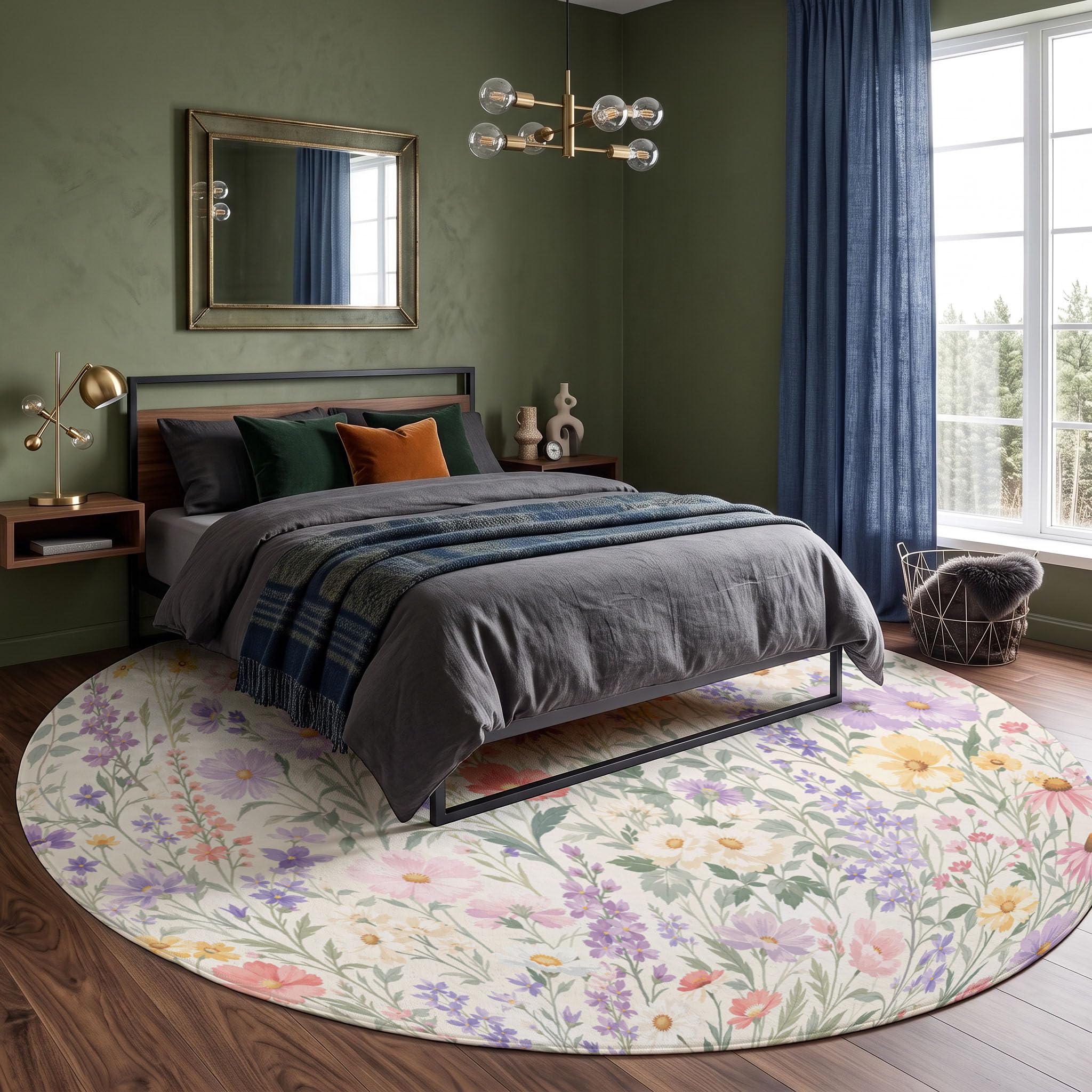 Tapis Rond Lavable Cosmos Delphinium 100cm | Tapis Fleurs Rustiques Fraîches Antidérapants Salon Lavable en Machine pour pour Salle à Manger, Entrée, Cuisine, Violet Clair