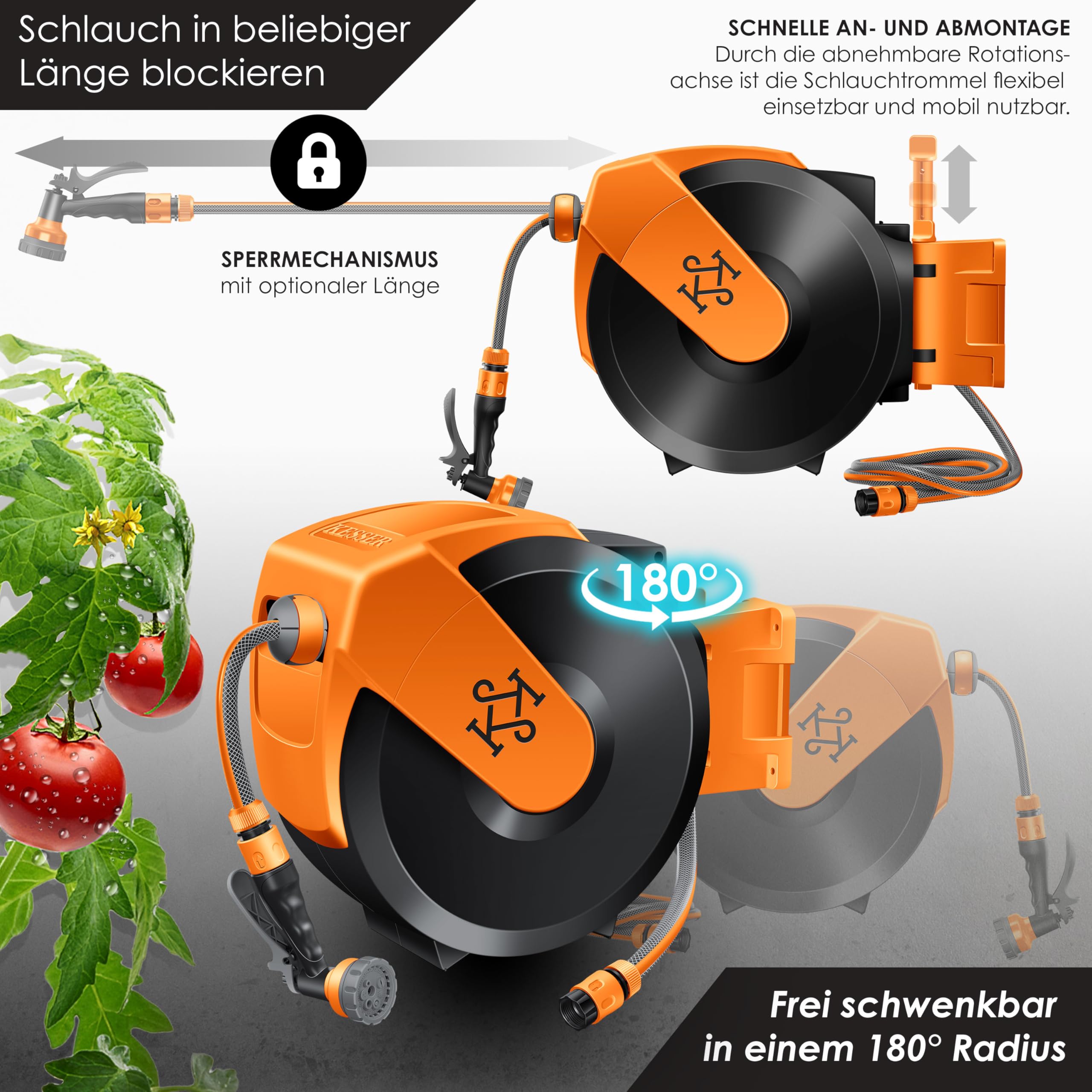 KESSER® Schlauchtrommel mit Gartenschlauch 35m | Wasserschlauchtrommel zur Wandmontage | Wandhalterung | 180° schwenkbar & automatische Aufrollung | Wand-Schlauchbox inkl. 7-Funktionen Handbrause