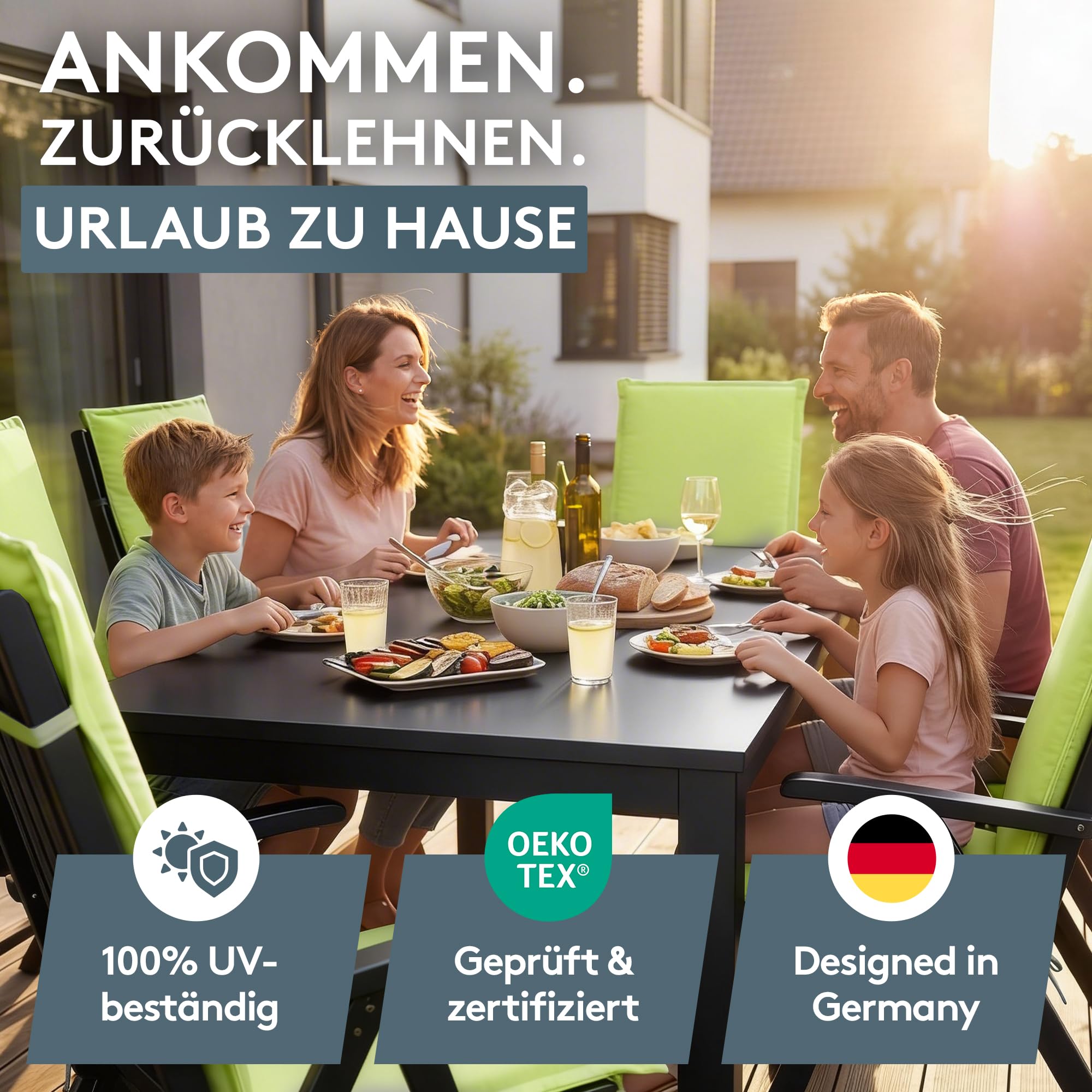 LILENO HOME Gartenstuhl Auflagen [4er Set - Hochlehner] in Apfelgrün - Bequeme Liegen als Sitzauflagen für Gartenmöbel - Stuhlkissen für Gartenstühle und Klappstühle MIA