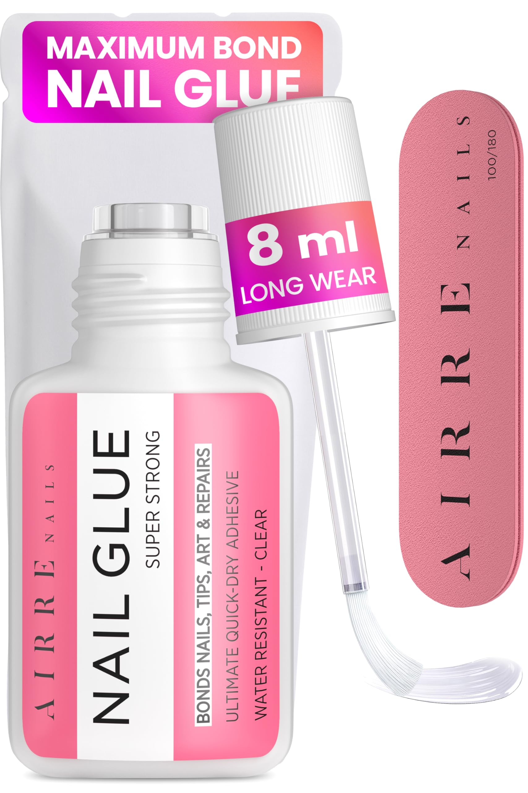 Super Strong Brush-On Nail Glue for False Nails, Press Ons, Acrylics & Tips (8ml) AIRRE Quick Dry Extra Strong Nail Bond Adhesive for Press-On Fake Nail Sets - Long Lasting Salon Strength, Mess Free