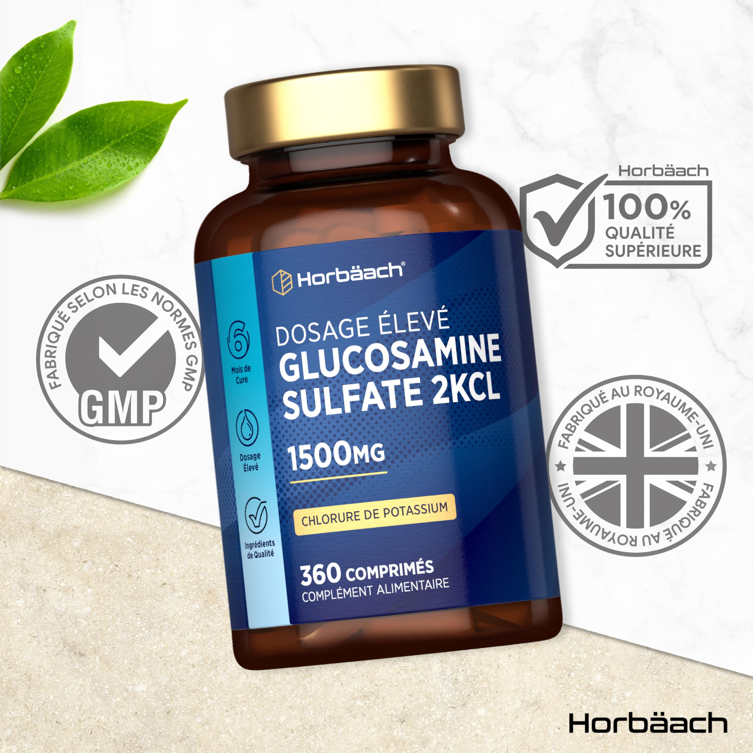 Glucosamine Sulfate 1500mg 2KCl | 360 Comprimés | Complément Alimentaire à Haute Dose | Glucosamine Sulphate Supplement | by Horbaach