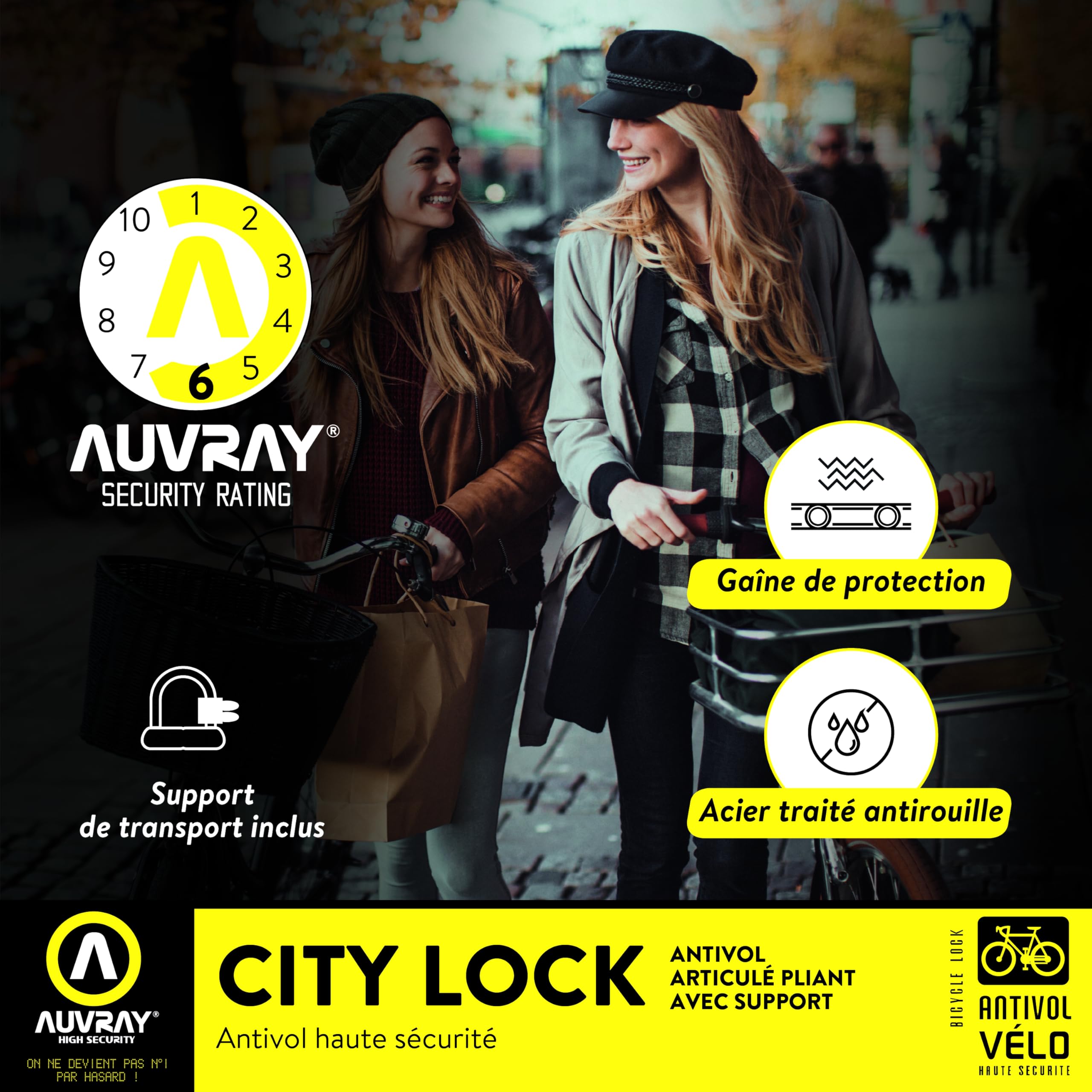 AUVRAY - Antivol articulé CITY LOCK 85 CM - Antivol pliant - Grande longueur - Léger et pratique - Protection nylon - Haute sécurité
