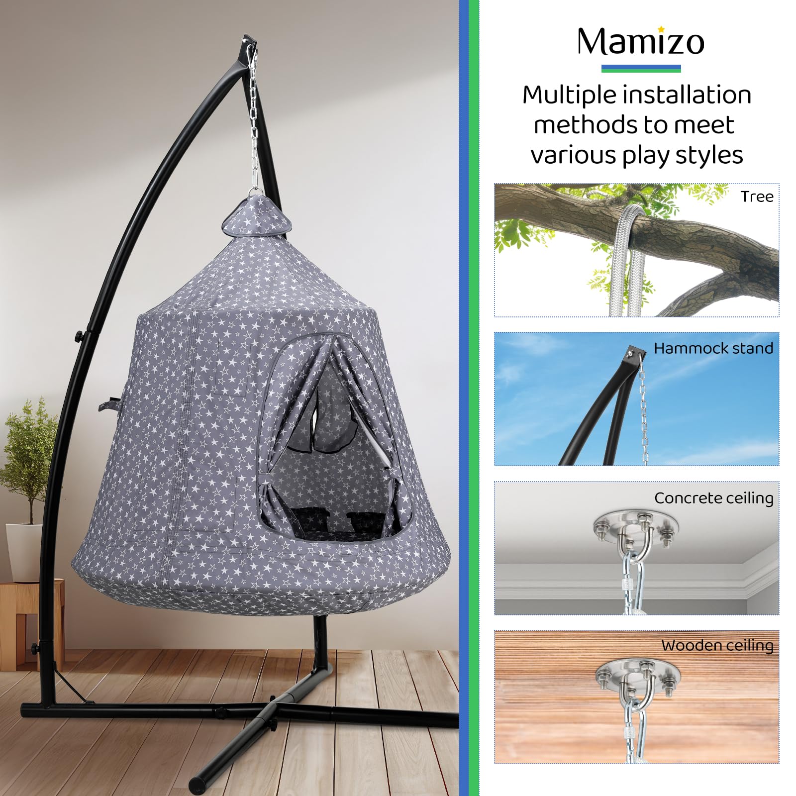 MAMIZO Hängesessel mit Gestell Outdoor&Indoor,150kg Hängehöhle,213×112×112cm Hängematte,Hänge Spielzelt,Schaukel Garten,Camping Hängezelt,int LED-Leuchten,mit aufblasbarem Kissen