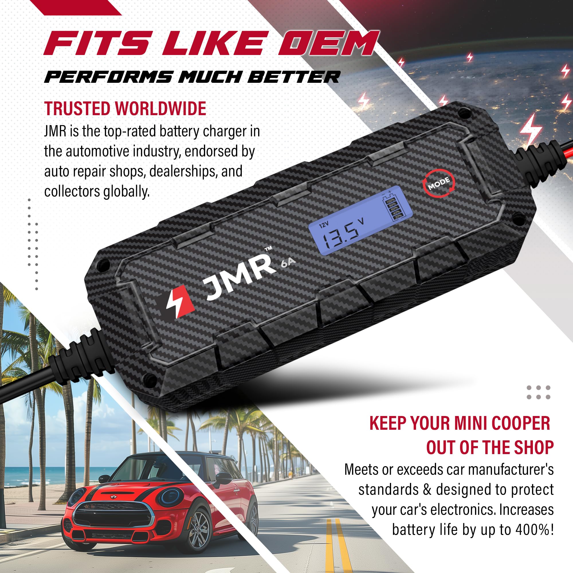 JMR Battery Charger for Mini Cooper Countryman Clubman Coupé Roadster Paceman Convertible Hatch Hardtop All Models Trickle Charger Conditioner Maintainer (No Lithium Mode)