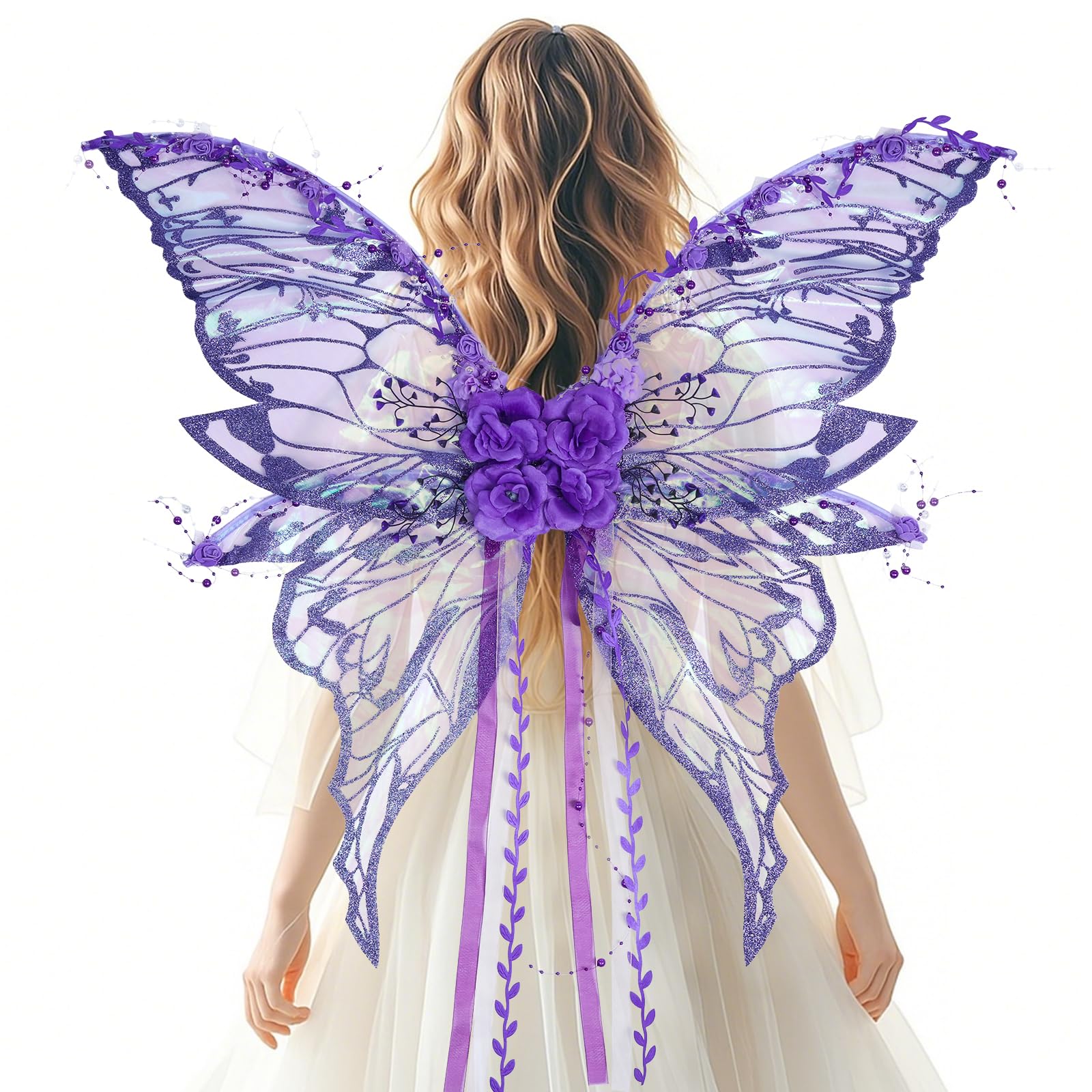 PartyforU Adult Purple Fairy Wings Butterfly Fancy Dress Costumes with Purple Flowers and Beaded Tassels for Renfaire LARP Costume Photo Shoot Party Accessories Carnival โ image 1