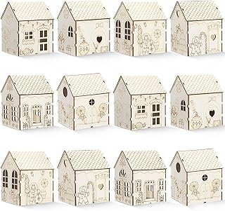 Hiboom 12 Pcs DIY Christmas Village Sets Wood Gingerbread Man Houses Christmas Mini Wooden House Gift for Winter Xmas Party Decorations