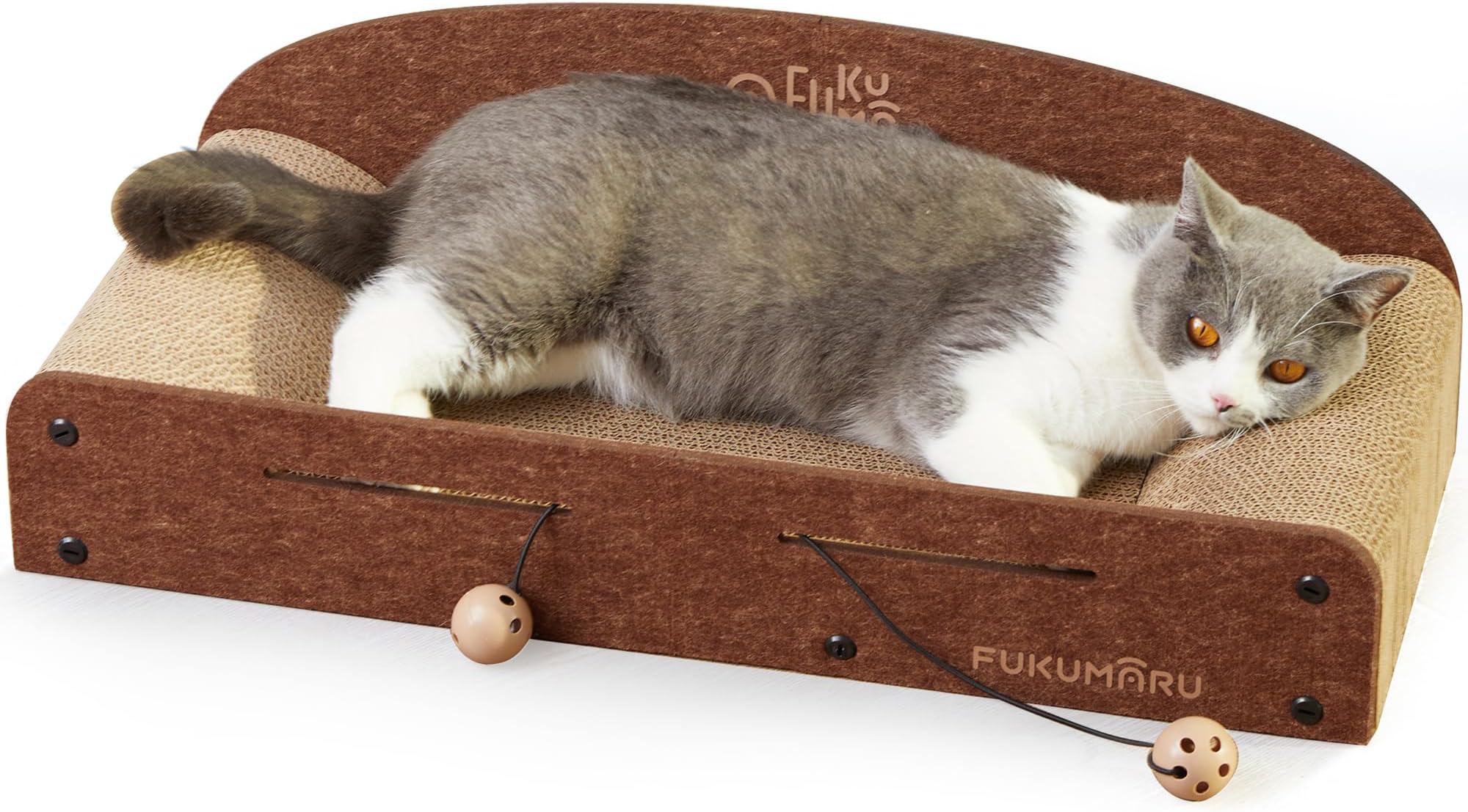 26 Inch Cat Scratcher Cardboard Lounge Bed, Durable Cat Scratcher Bed Large Lounger, 2 Reversible Cat Scratching Pads for Indoor Cats, Recyclable Cat Scratch Bed Cardboard with Bell Ball Toy