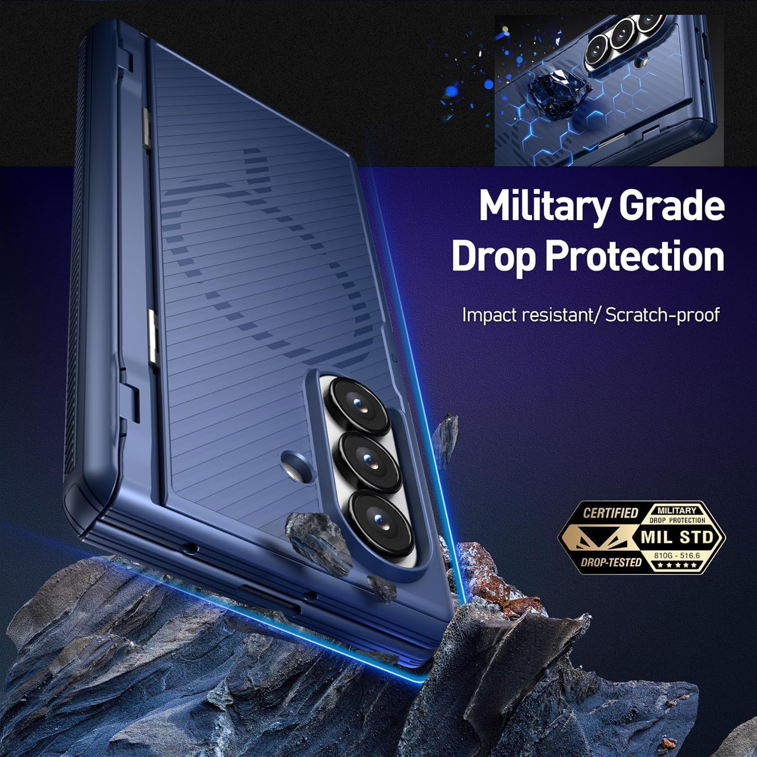 Poetic Revolution Flex Case for Galaxy Z Fold 7, [Hidden Foldable Kickstand][Hinge Protection][MagSafe Compatible], Full Body Shockproof Galaxy Z Fold 7 Cover with Built-in-Screen Protector, Navy Blue