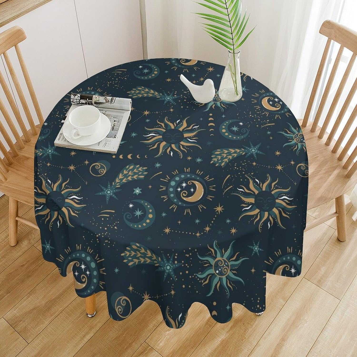 Magic Phase Moon Round Tablecloth, Sun Star Plants Table Cover for Dinner Kitchen Dining Room Party, 60x60 Inch