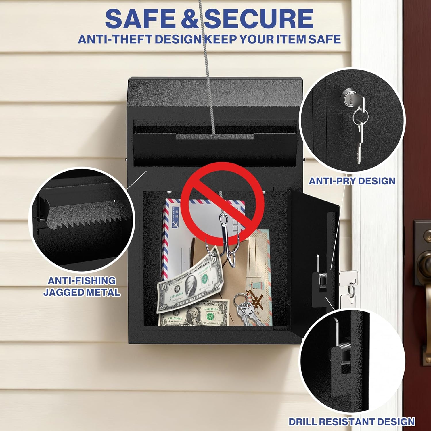 POCHAR Metal Wall Mount Locking Deposit Drop Box Safe - Heavy Duty Lock Box for Keys, Rent, Checks, Money, and Mail Envelopes (9.75” x 4.25” x 14.75”) (Black)