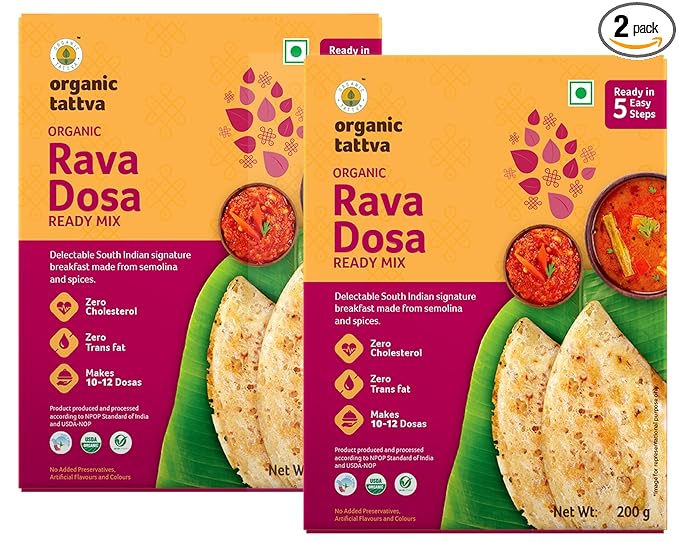 Organic Tattva, Organic Rava Dosa Instant Ready Mix 400 Gram | Benefits of Rock Salt and Cumin Seeds | Low in Carbs and Calories | Ready in 5 Easy Steps | 200 gram Each