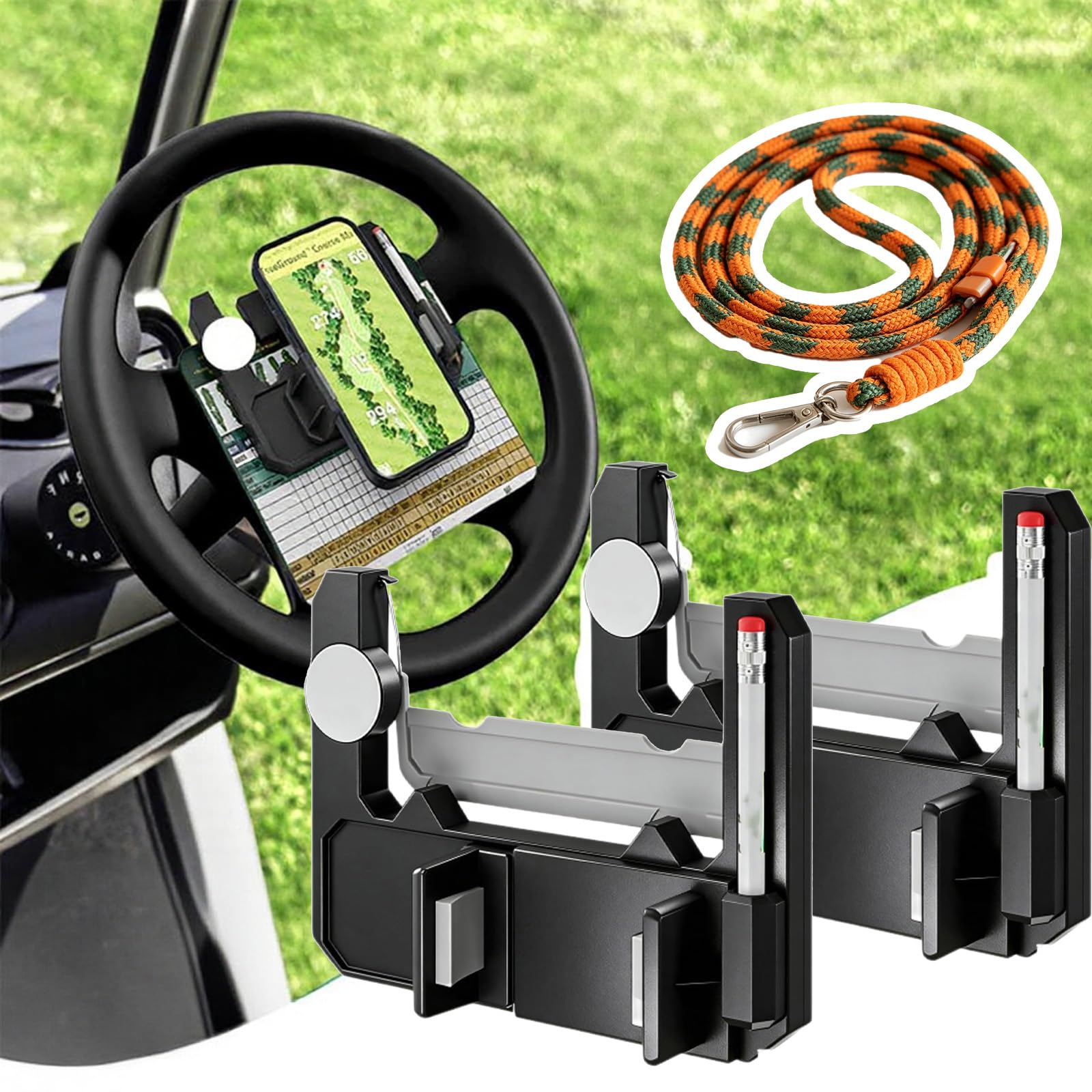 rialgirw Golf Cart Steering Wheel Phone Mount, Flip Up Golf Cart Phone Holder with Scorecard Slot, 360 Adjustable Golf Steering Wheel Phone Mount for iPhone Android (2PCS)