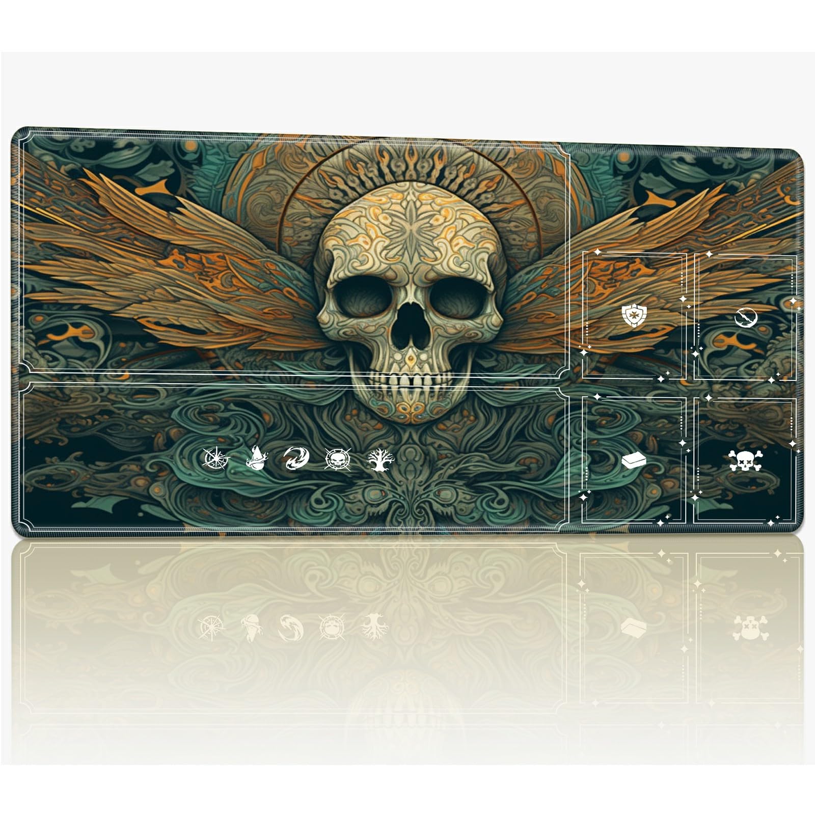 Tabletop Card Playmat with Magic Zones, 24 x 14 inches Stitched TCG Card Play Mat Commander Board Game Mats Smooth Rubber Surface Battle Game Desk Mat, Skull Retro — image 1