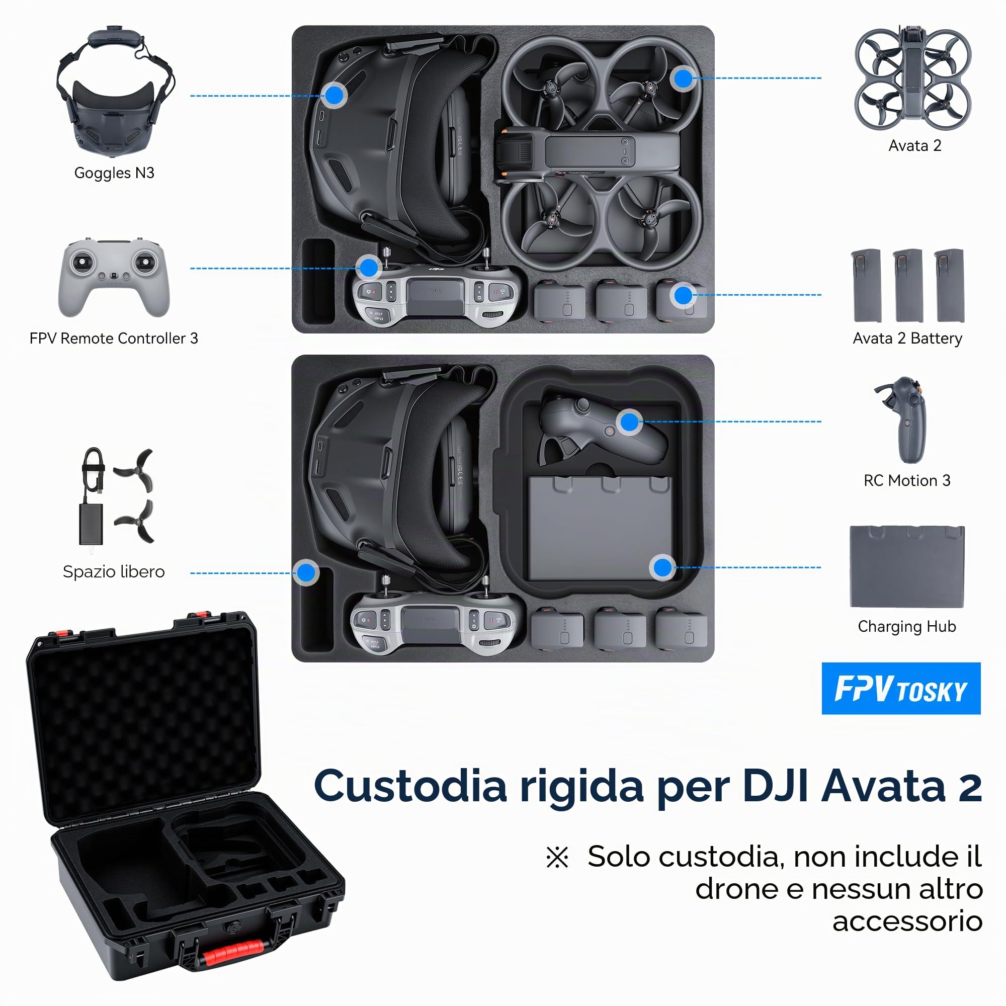 FPVtosky Custodia Rigida per DJI Avata 2/Fly Smart Combo, Valigetta Rigida per Avata 2 Adatta per Goggles N3, RC Motion 3, Telecomando FPV 3 e Accessori per Batterie(Solo Custodia)