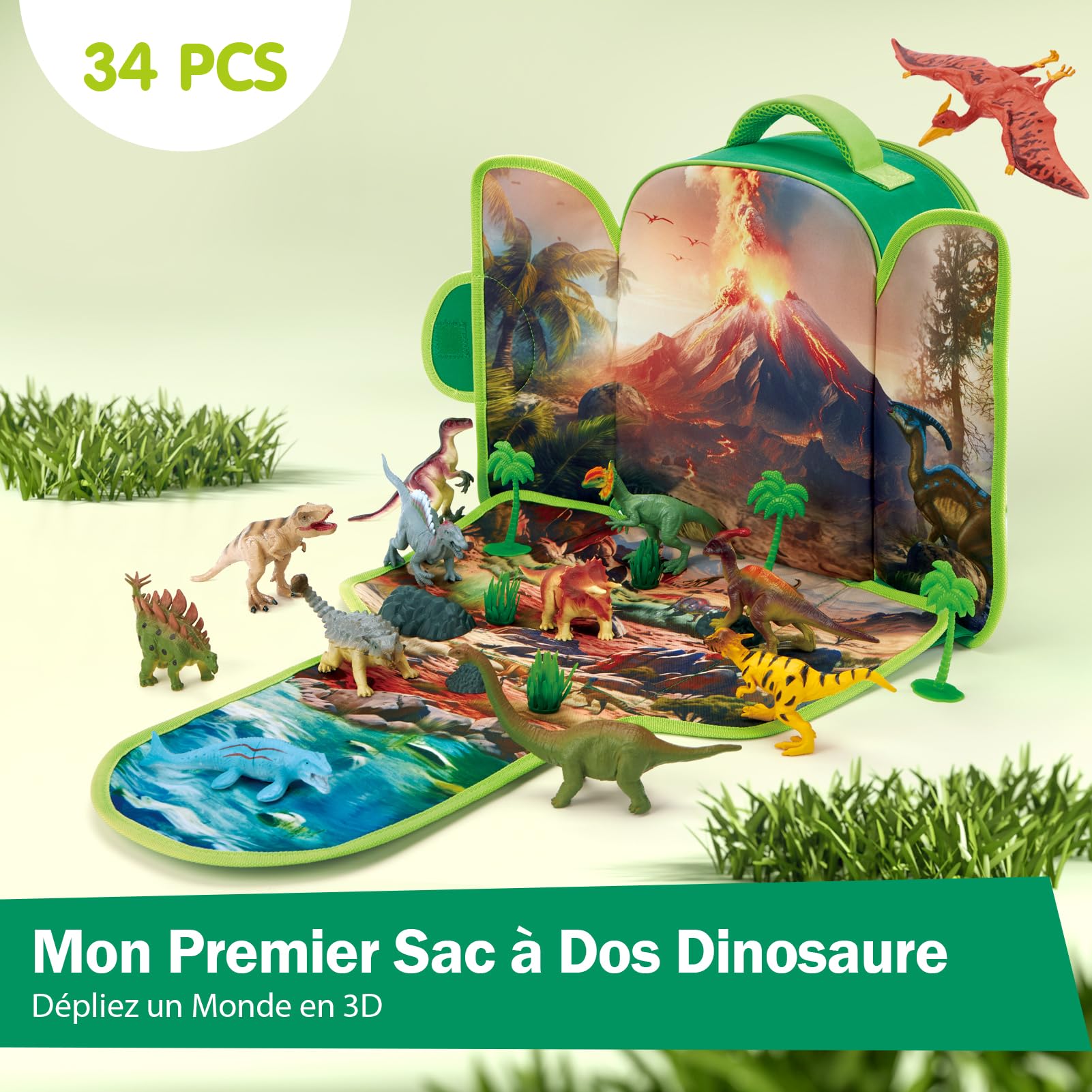COCO&Friends Dinosaures Jouet pour Enfants 3 - 7 Ans, Sac à Dos Portable avec Tapis de Jeu 3D Pliant, Cadeau pour Enfants Garçons Filles