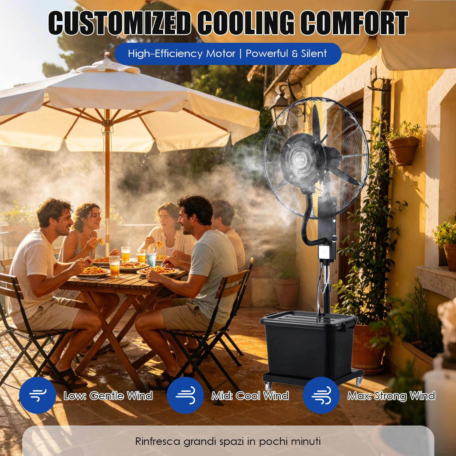 Ventilador de Pie con Nebulizador de Agua, Depósito de 40L y 3 Velocidades | Ventilador Industrial Portátil con Alcance de 20m para Exterior, Jardín, Terraza y Grandes Espacios