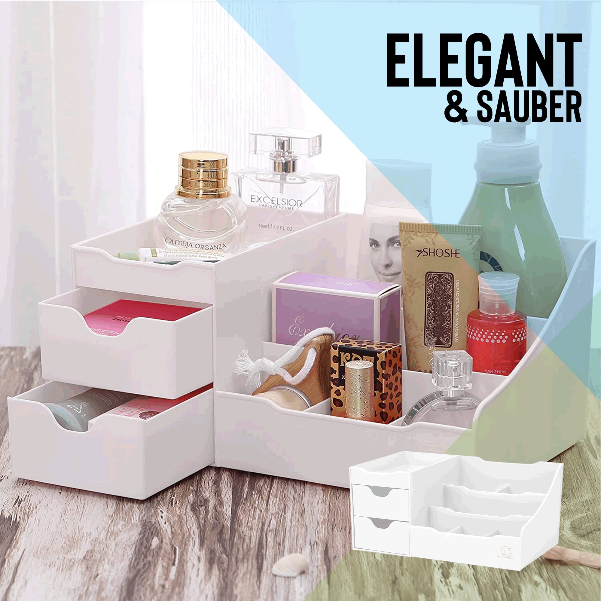 UNCLUTTERED DESIGNS Großer Weißer Schminktisch-Organizer - Kosmetik Aufbewahrung, Schönheit, Haare, Nägel, Parfüm & Hautpflege - Perfekt Bad & Schlafzimmer Schreibtisch Organizer Schubladen