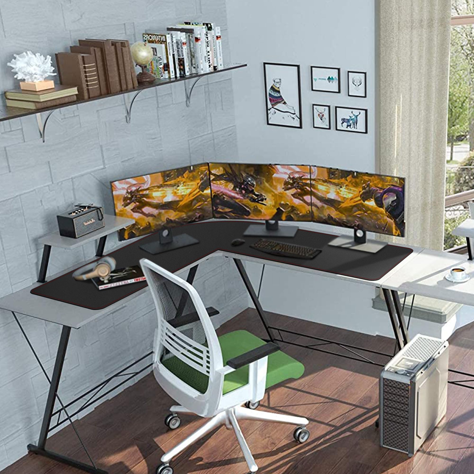 ZORESYN Bureau Informatique Coin en Forme de L Tapis de Souris, (120+120) x40cm sous-Mains en Cuir PU, imperméable Tapis de Souris Gaming de Travail PC Gaming pour Maison et Bureau, Noir