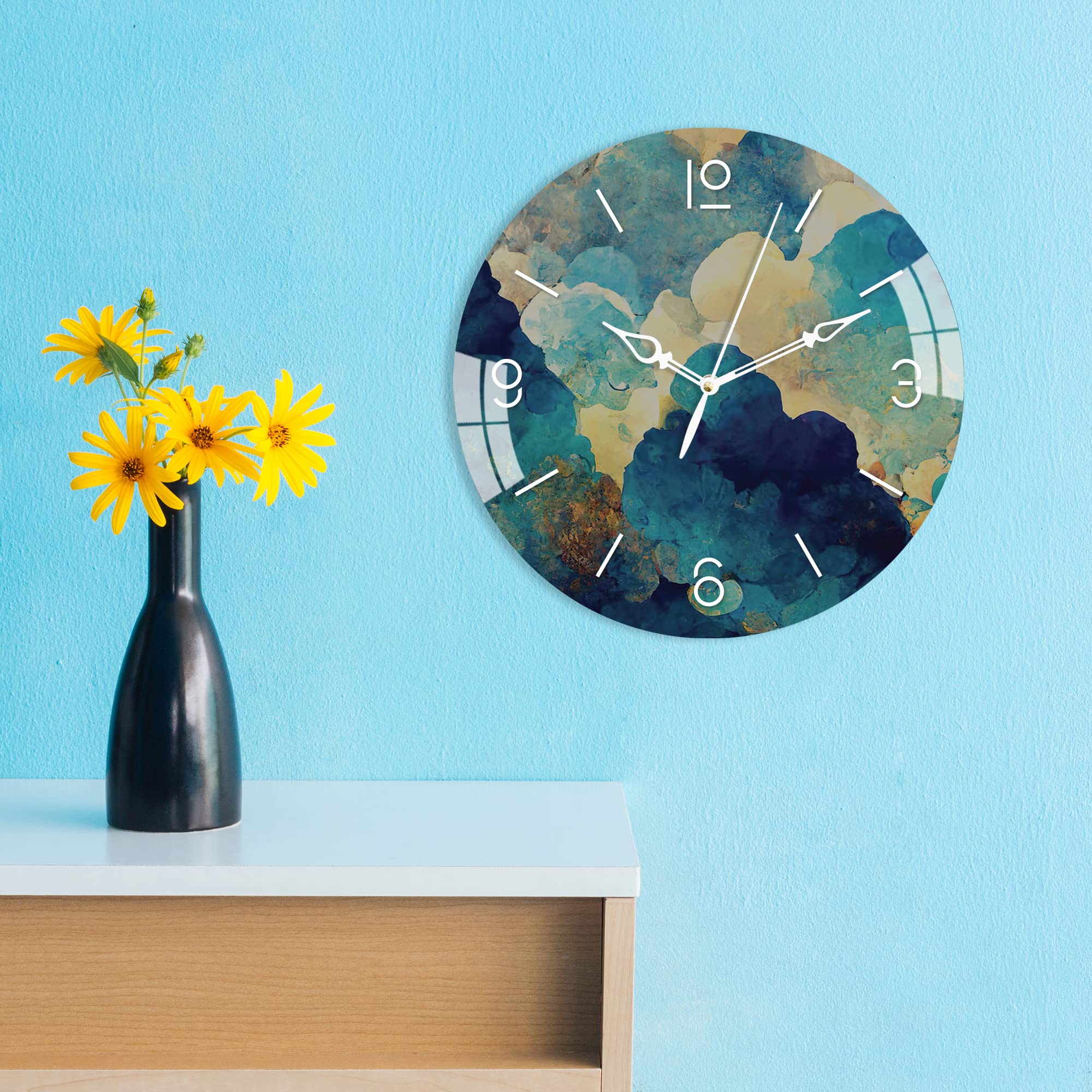 NexHome Multicolor Blue Cloud Printed Acrylic Wall Clock for Home & Office Decorative Big Size Clock - 15 INCH