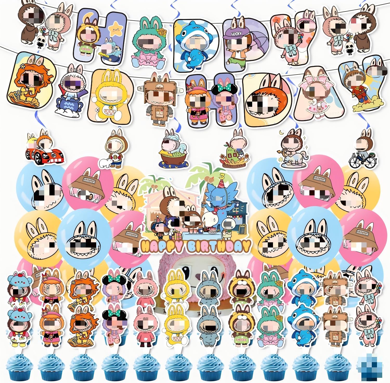Cartoon Bunny Birthday Party Decorations Set, 12-inch Balloons, Cupcake Toppers, Banner, 15.3cm Party Supplies Set,Labu Party Decoration,Lafufububu Birthday Decoration