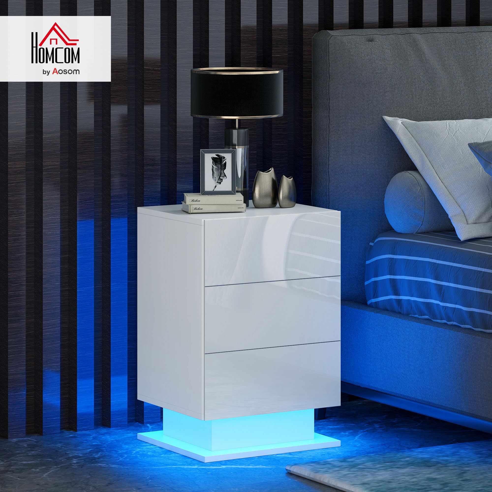 HOMCOM Comodino Moderno con Luce LED Regolabile, 40x35x60 cm, Bianco Lucido