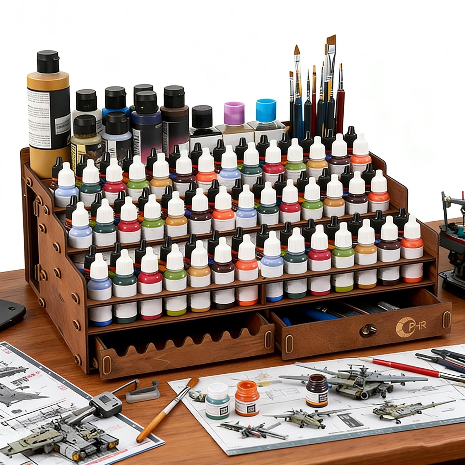 Qianly Paint Storage Organizer Holzstruktur Pinselhalter Aufbewahrungsfach Schublade Stifthalter mit Hoher Kapazität für Künstler Modellbau Heimwerkstatt, 98 Löcher