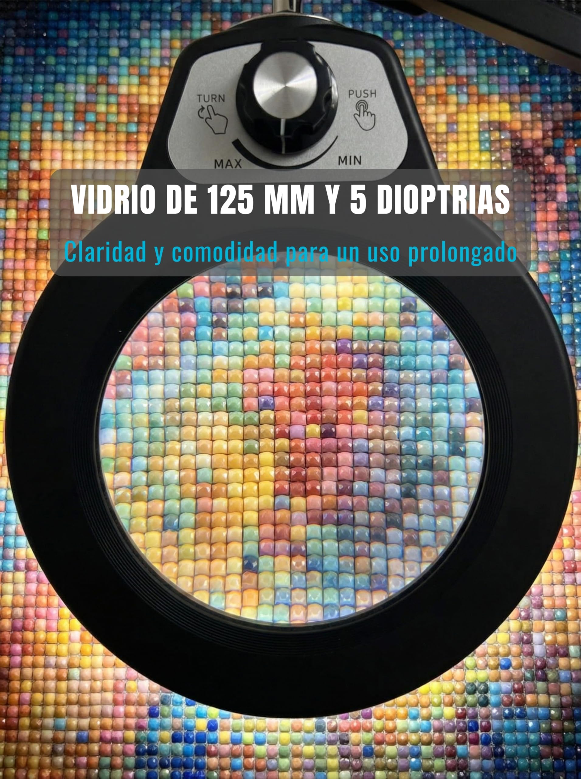 Lámpara Lupa LED con Pinza de Sujeción, Gran Lente de Cristal 5D | Cristal 12,5 cm, 100 LED, 5 colores, brazo 1 m, fuente 12V, mordaza 6,4 cm, precisión, afición, lectura