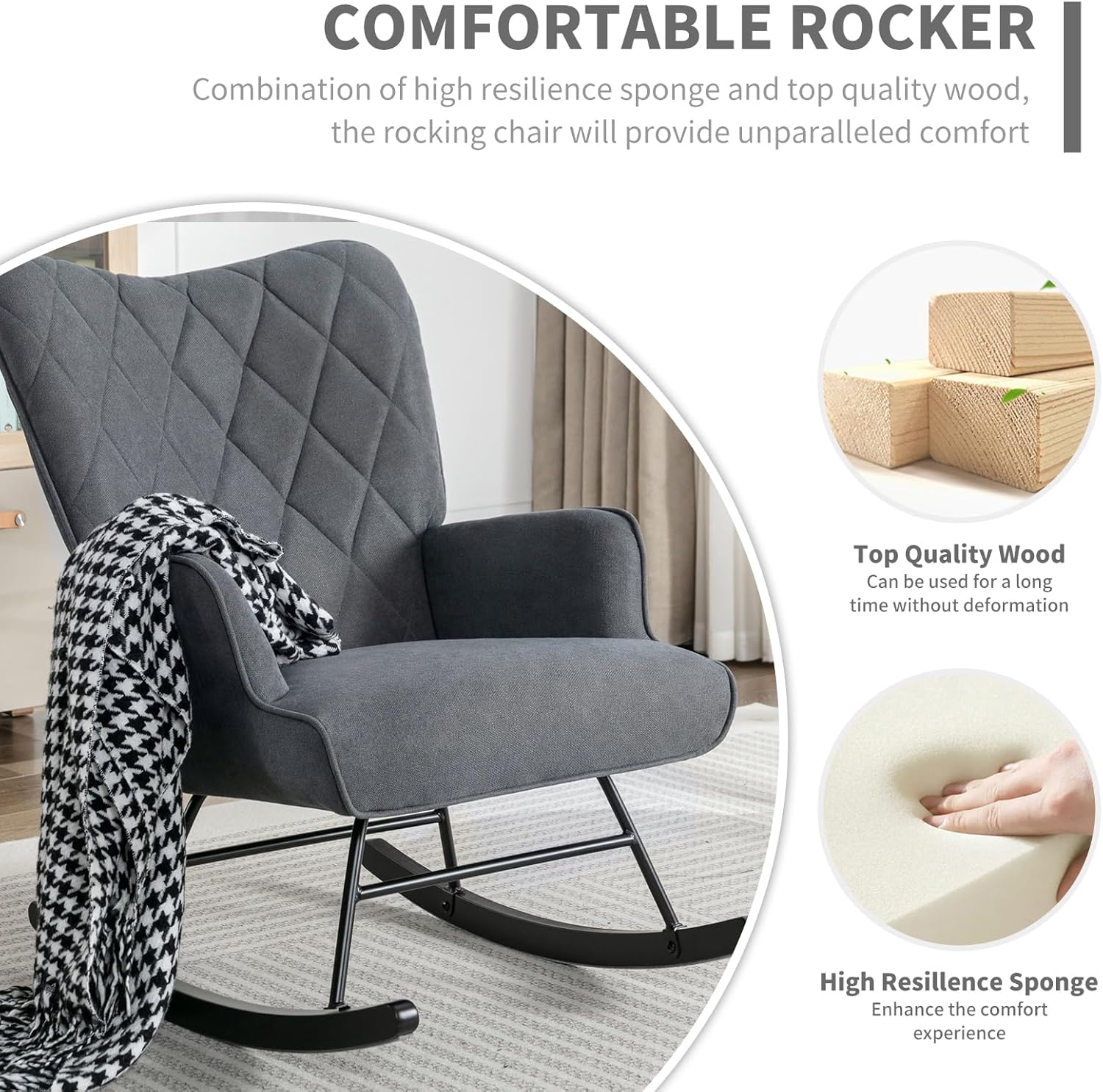 Nursery Rocking Chairs with Fabric Upholstered Glider Chair for Nursery and Living Room-Gray (Excludes-Ottoman)