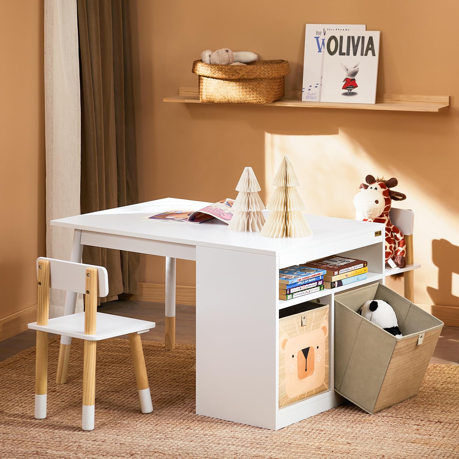 SoBuy Kindertisch mit 2 Stühlen Kindersitzgruppe mit Stauraum Spieltisch Kinder multifunktionaler Aktivitätstisch Kindersitzgruppe innen Kinder Tisch Stuhl Set Weiß KMB113-W
