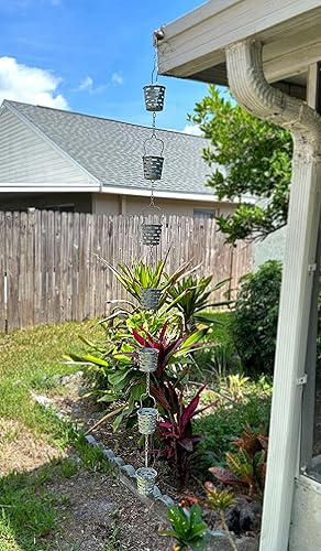 Miniatura 4 de Cubo de metal gris galvanizado estilo cubo aceituna cadena de lluvia acento de canalón, 74 pulgadas de largo, fácil de instalar, añade encanto