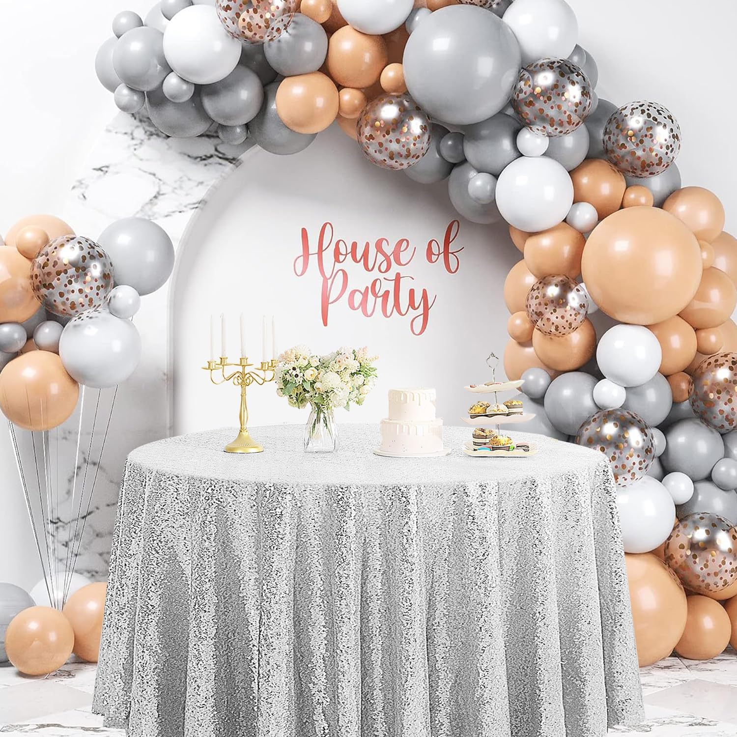 Pufogu 50" Round Silver Sequin Tablecloth Glitter Silver Table Cloths for Birthday Wedding Bridal Baby Shower Party Decorations