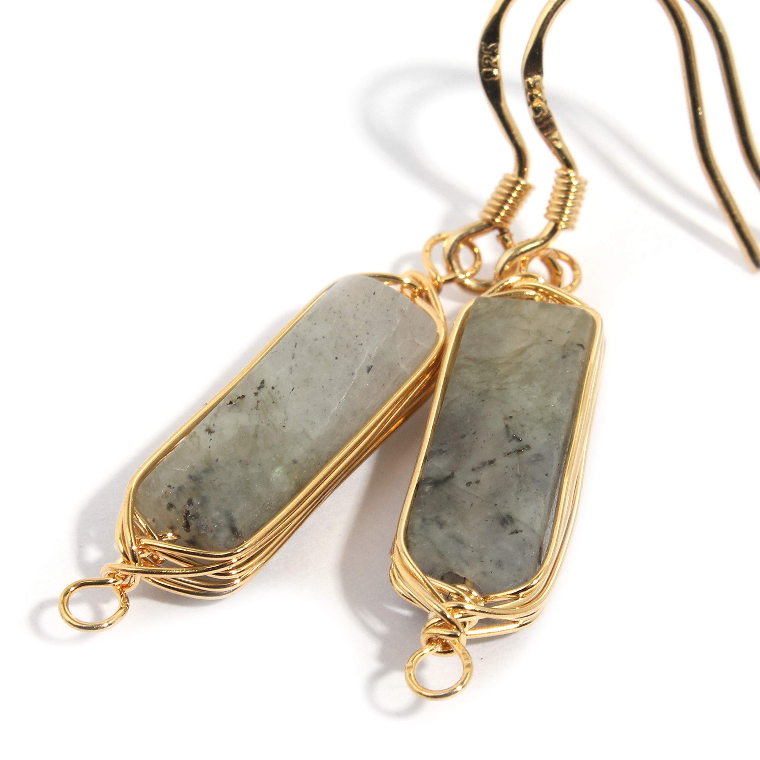 Natural Stone Wire Wrap Dangle Drop Earrings Gold Plated 925 Sterling Silver Hook/Labradorite 14mm Bar