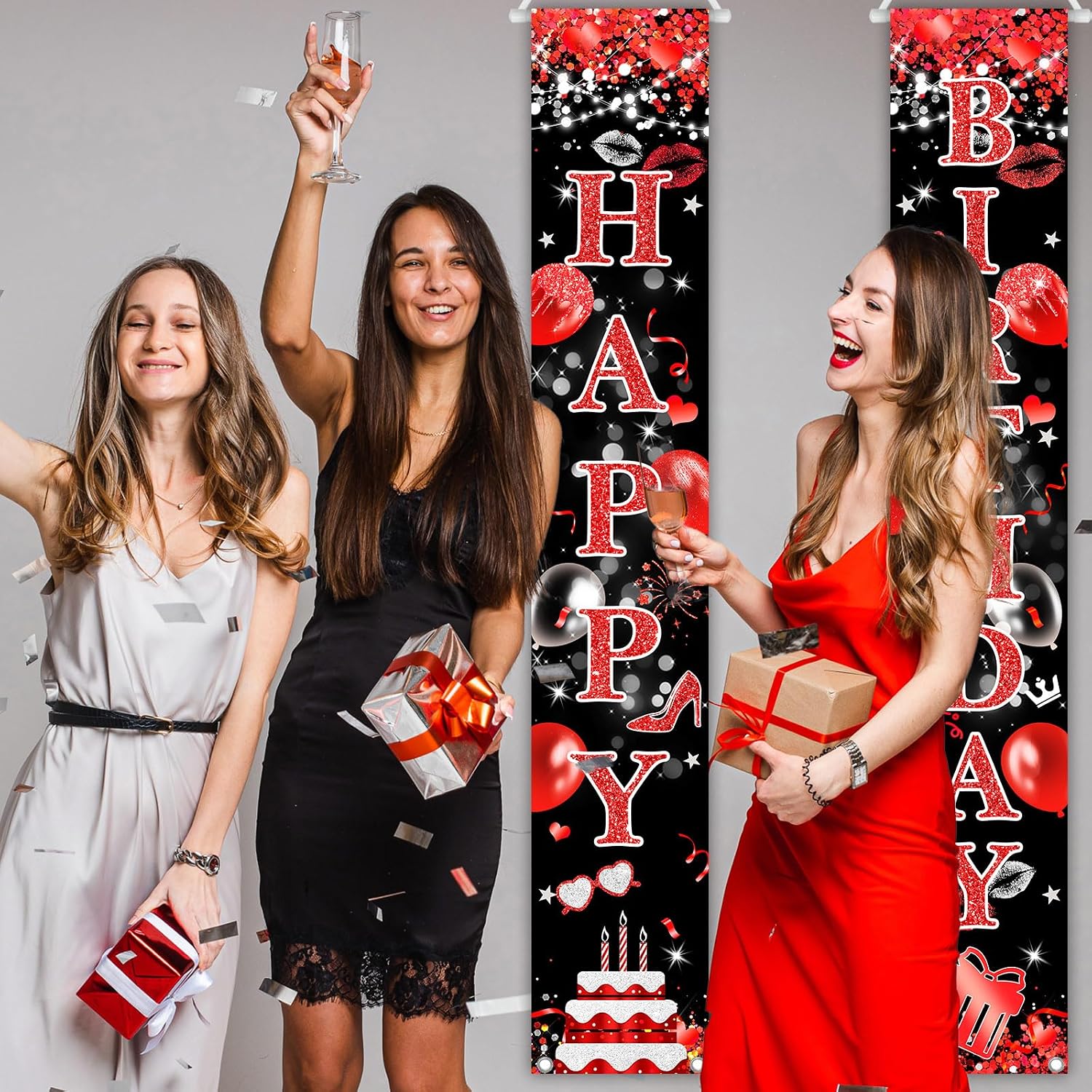 Avezano Red Happy Birthday Banner Glitter Red Black Birthday Door Banner Decorations Girls Women Birthday Party Decorations