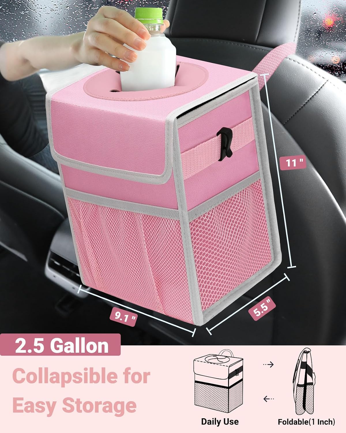 Capolo Car Trash Can with Lid, Leakproof Car Trash Bag Hanging Waterproof Automotive Garbage Can with Storage Pockets Mini Vehicle Trash Bin for Back/Front Seat(Pink,2.5 Gallon)