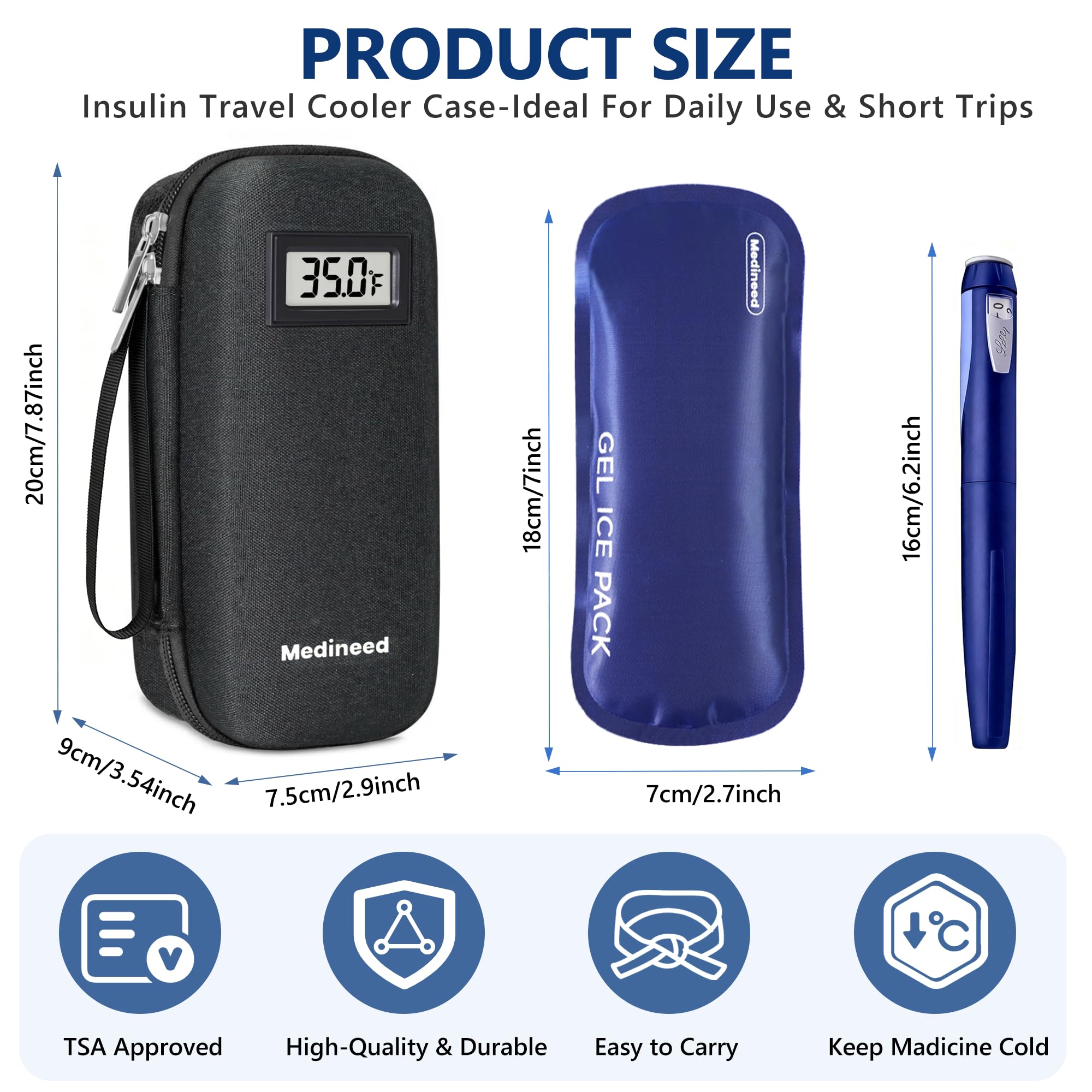 Insulinkühler-Reisetasche mit Temperaturanzeige mit 2 x 125 g TSA-zugelassenen Kühlakkus, EVA, tragbarer Medizin-Reise-Kühler für Diabetiker, Aufbewahrung für den Alltag und Reisen (Anthrazitschwarz)