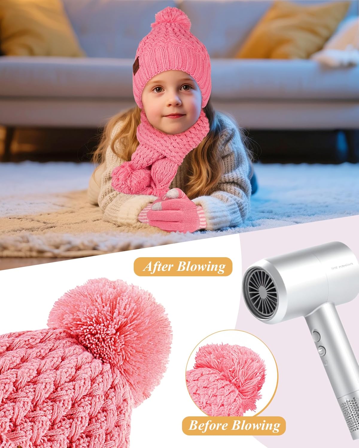 Kids Winter Hat Gloves Scarf Set, Girls Boys Toddler Winter Hat Beanie Pom Knitted Scarves Mittens Fleece Lined Age 5-12 - Image 5