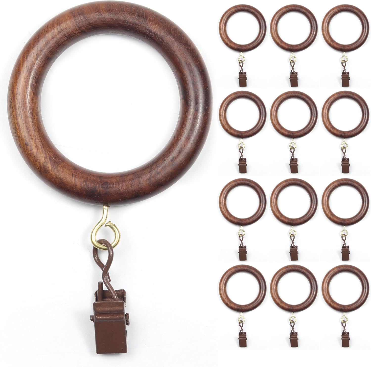 24 Pack of 2.5 Inch Wooden Curtains Rod Rings with Clips and Hooks, for 1-1.5 Inch Rod Pole, Wood Curtain Drapes Clip Ring, Hangers, Shower Curtains, Decor, and Drapery. (Natural Rosewood)