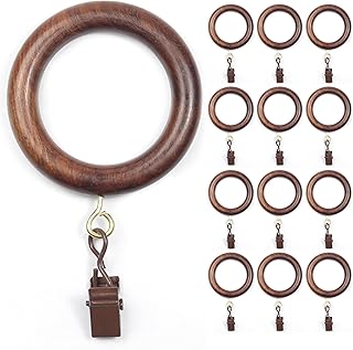 24 Pack of 2.5 Inch Wooden Curtains Rod Rings with Clips and Hooks, for 1-1.5 Inch Rod Pole, Wood Curtain Drapes Clip Ring, Hangers, Shower Curtains, Decor, and Drapery. (Natural Rosewood)