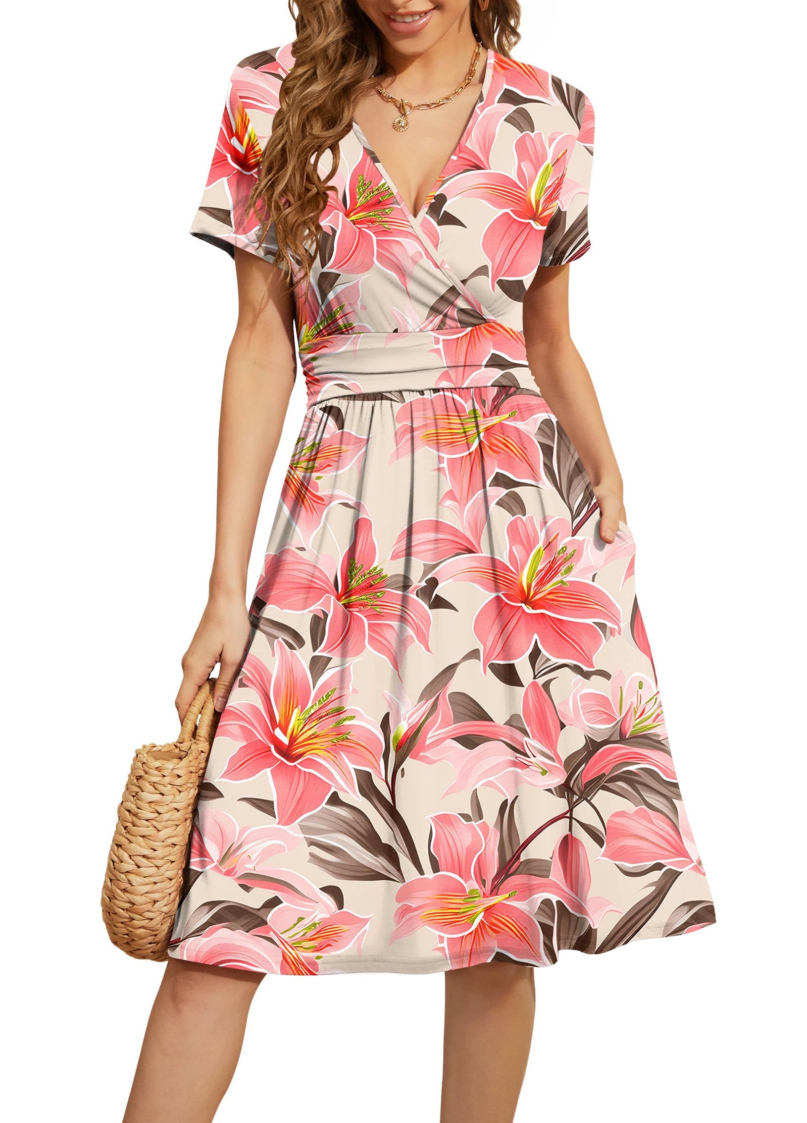 WEACZZY Women's Summer Short Sleeve Casual Dresses V-Neck Floral Party Dress with Pockets