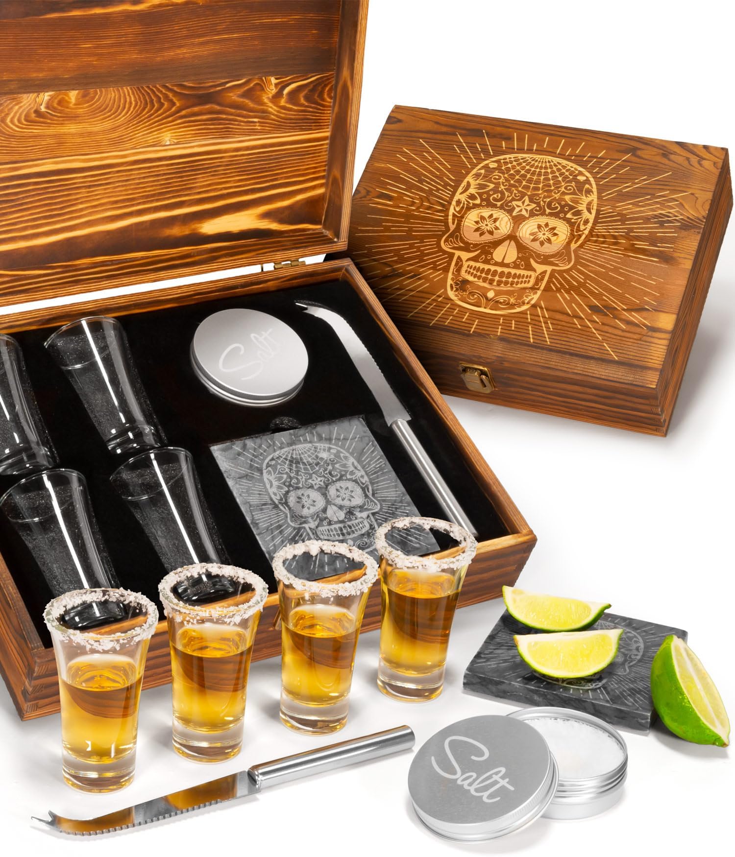 Tequila Shot Glass Sugar Skull Wooden Box Set for Men and Women - 4 Premium Shot Glasses, Garnish Knife, Lime Cutting Stone, Salt Tin, Perfect for Themed Parties