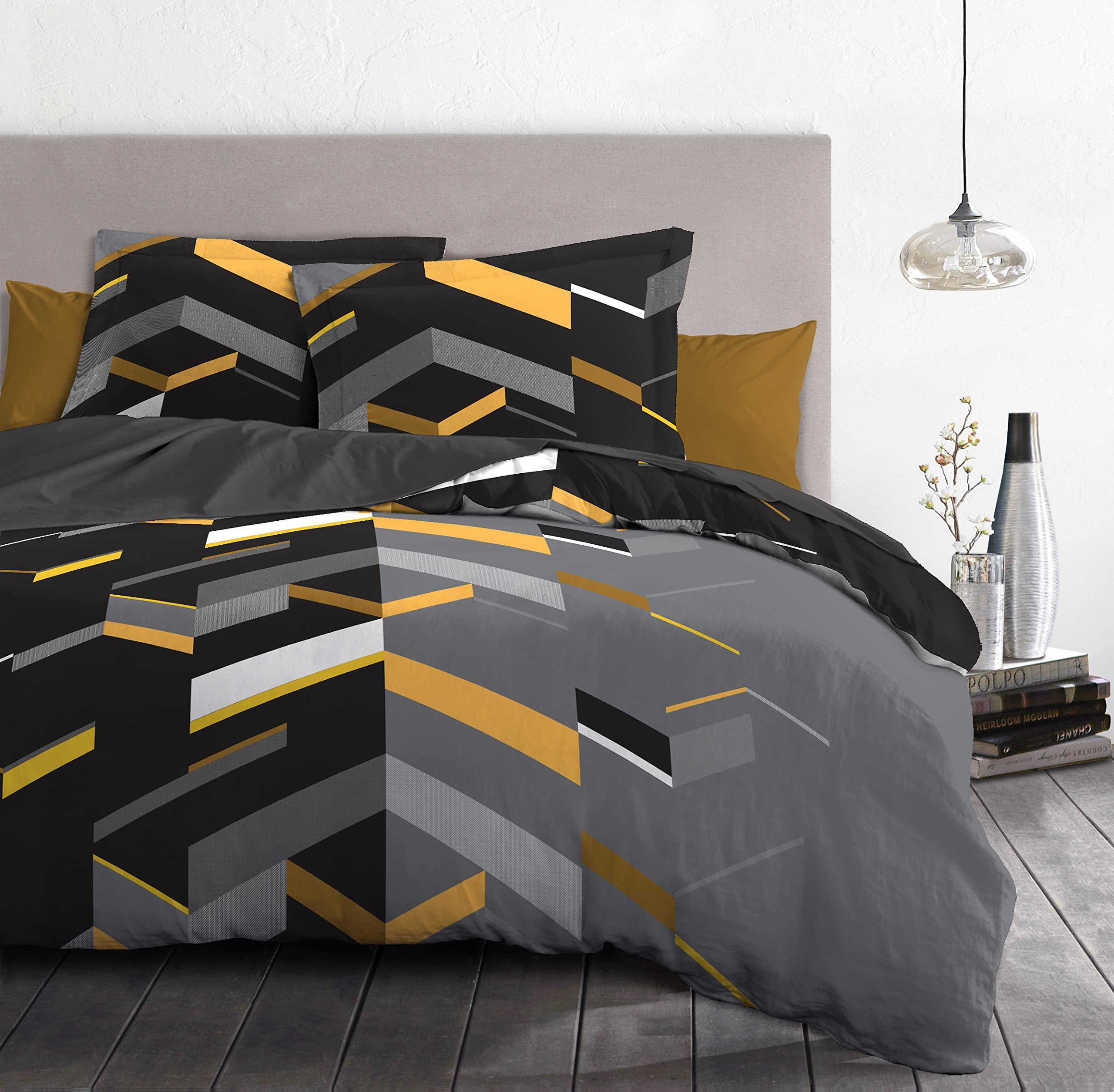 Housse de couette 140x200 pur coton avec taie d'oreiller motif jaune Marco Yellow