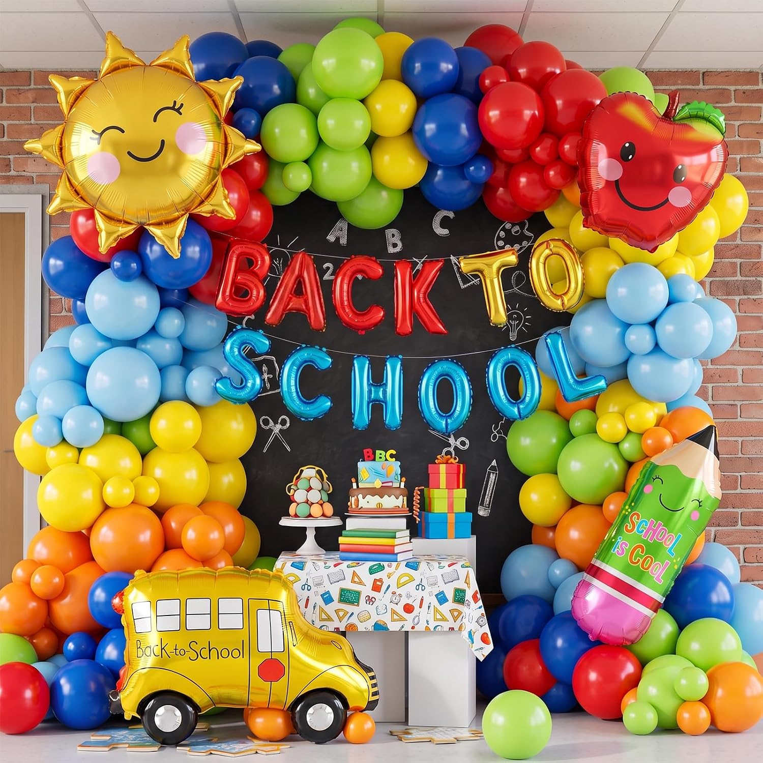 140 Pcs Red Blue Yellow Green Back to School Balloon Garland Arch Kit | letter banner, rainbow pencil, school bus, sun and apple foil balloons ,Kindergarten first day of school Decorations