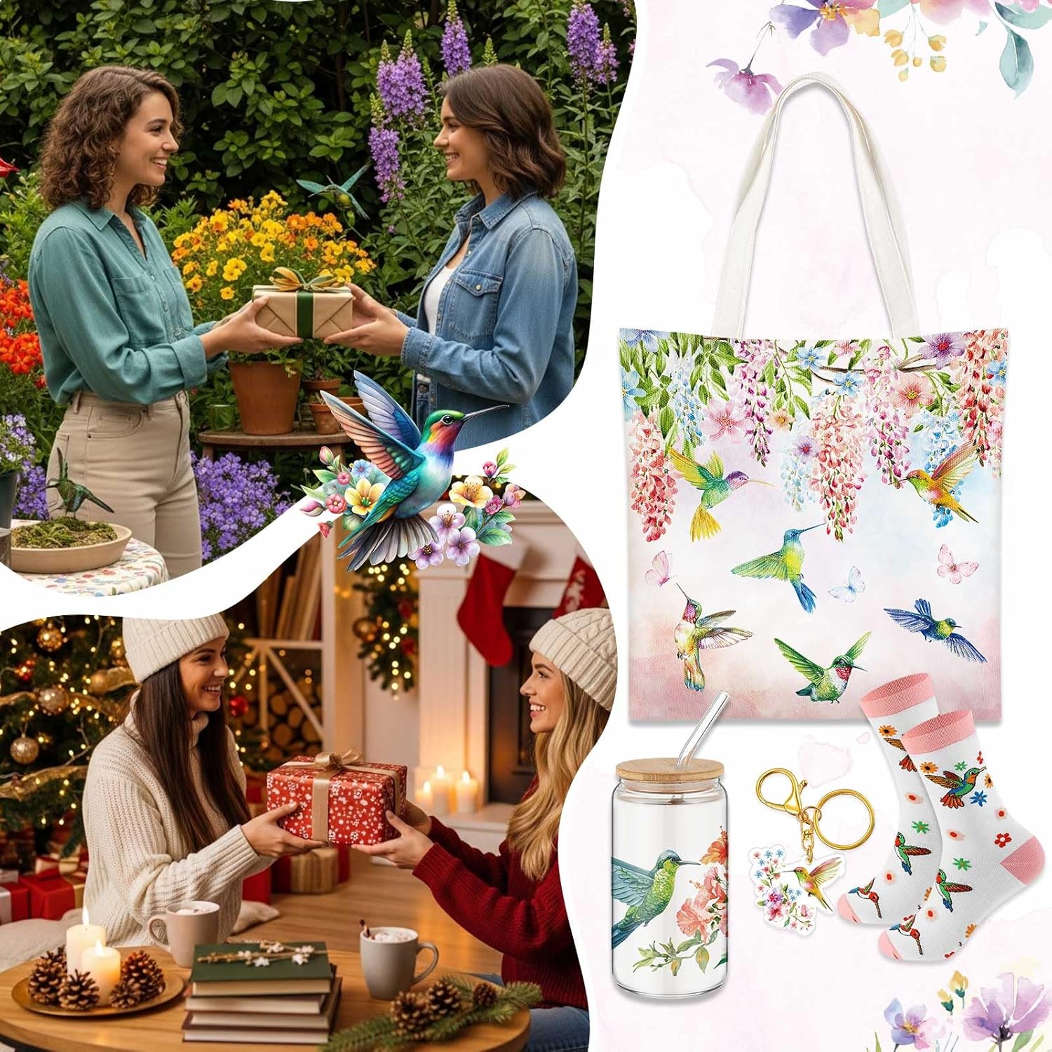 Paterr 4 Pcs Hummingbird Gifts for Women, Hummingbird Lover Gifts for Valentine's Day Birthday Mother's Day Decorations, with Canvas Tote Bag 16oz Glass Coffee Cup with Straw Cute Keychain Socks - Image 6